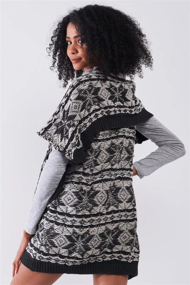 Black & Grey Sleeveless Inside-Out Cable Knit Lapeled Neckline Open Front Oversized Vest Jacket /3-3