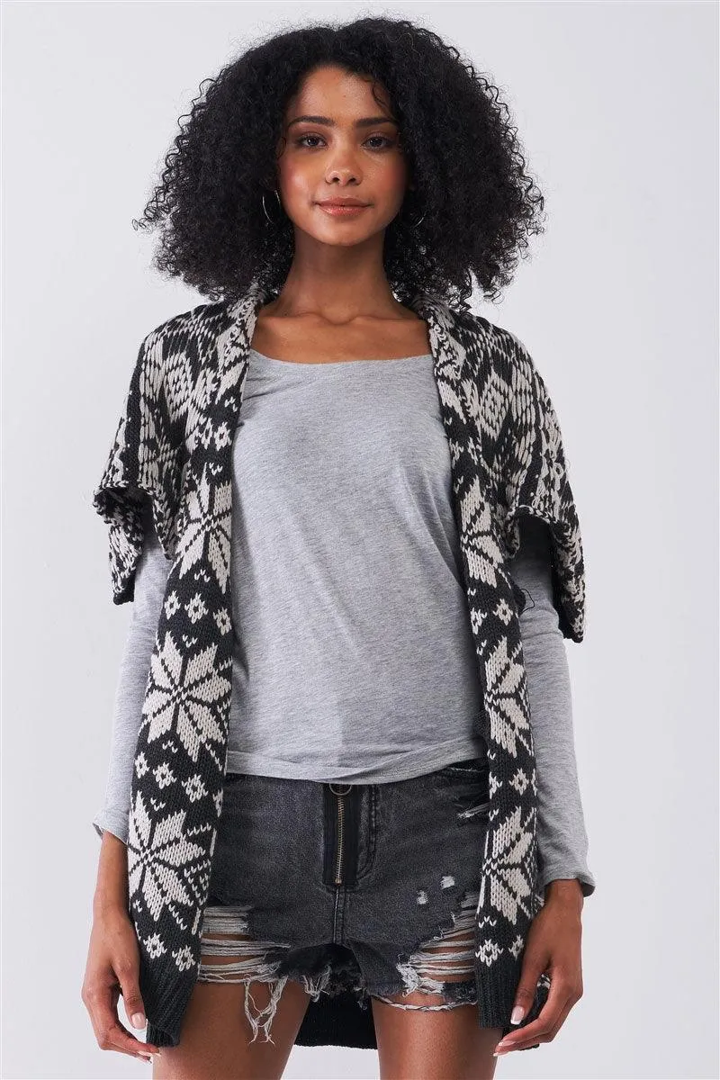 Black & Grey Sleeveless Inside-Out Cable Knit Lapeled Neckline Open Front Oversized Vest Jacket /3-3