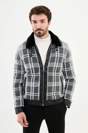 Bojoni Capena Black Fur Plaid Slim Fit Coat