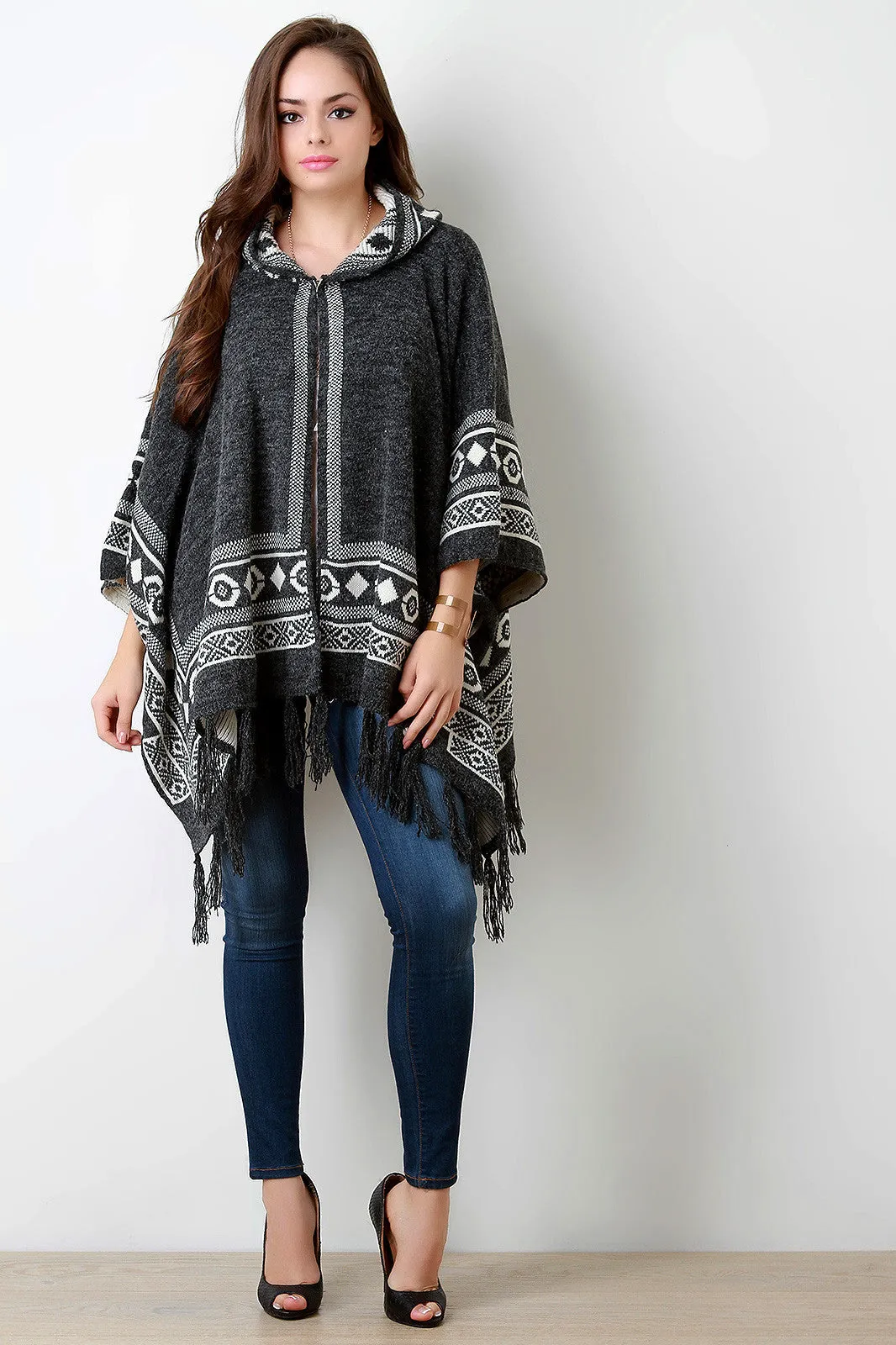 Brushed Loose Knit Tribal Fringe Hooded Poncho