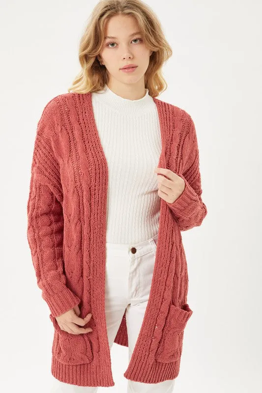 Chenille Cable Knit Oversized Open Front Cardigan