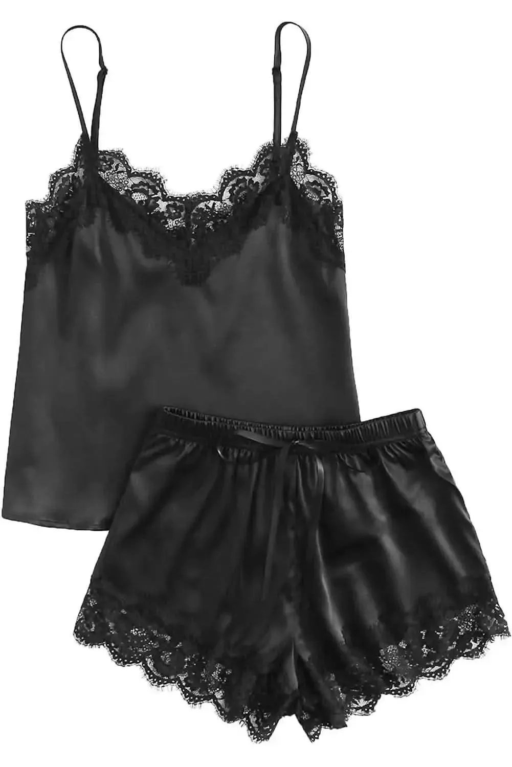 Chic Black Lace Satin Sleepwear Set with Camisole and Shorts