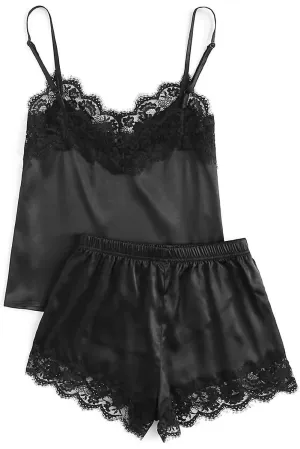 Chic Black Lace Satin Sleepwear Set with Camisole and Shorts