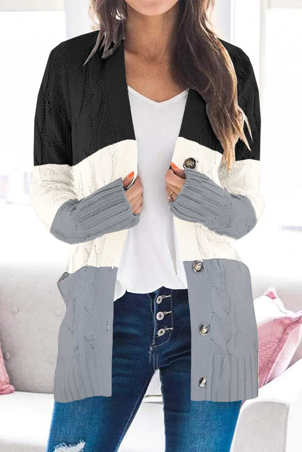 Colorblock Button Pocket Knit Cardigan