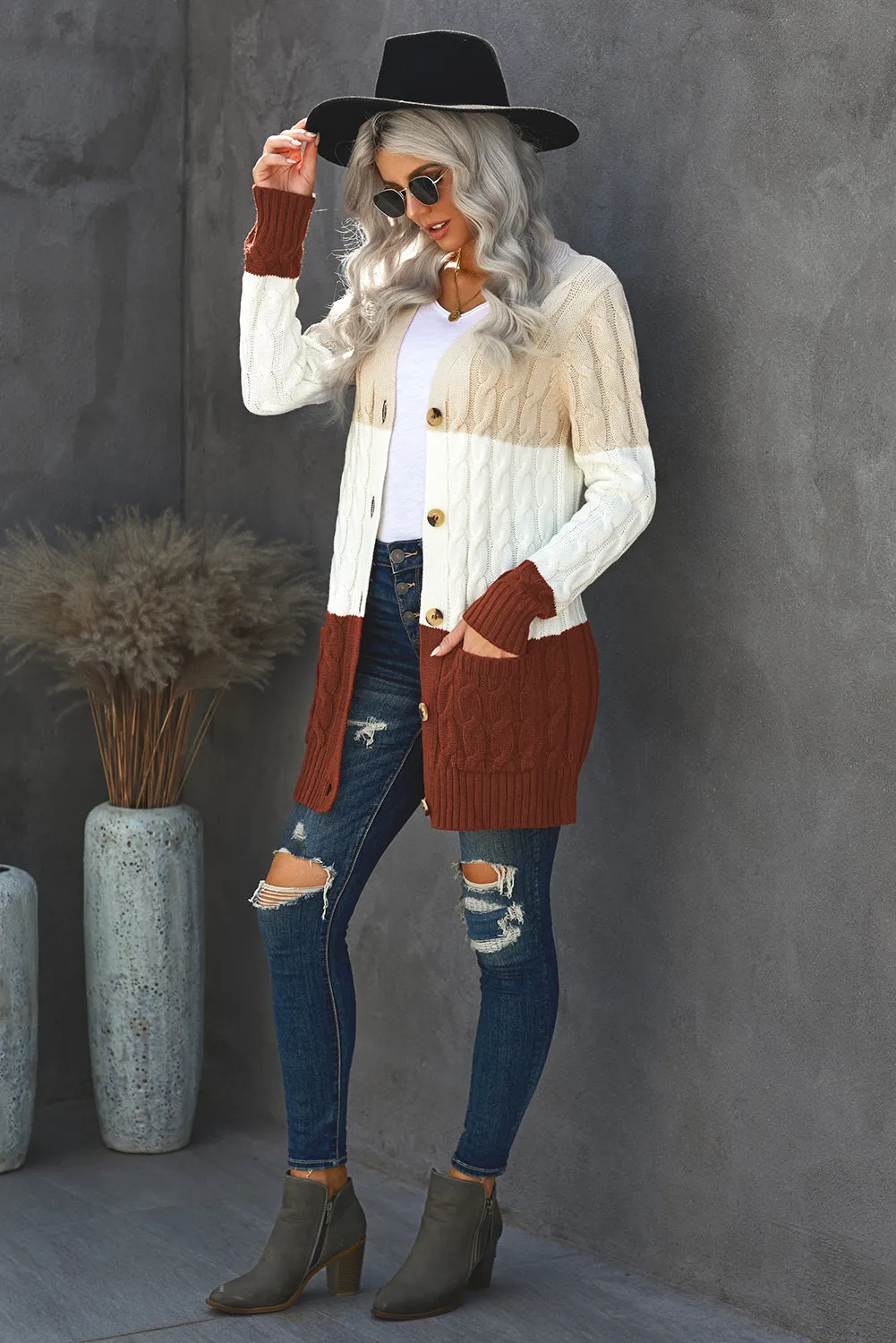 Colorblock Button Pocket Knit Cardigan