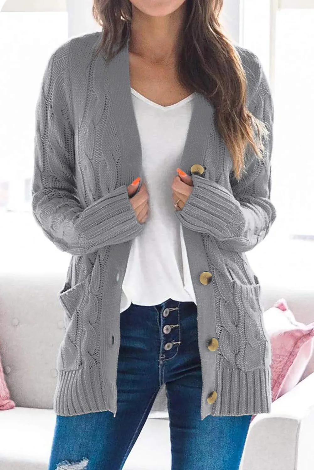 Colorblock Button Pocket Knit Cardigan