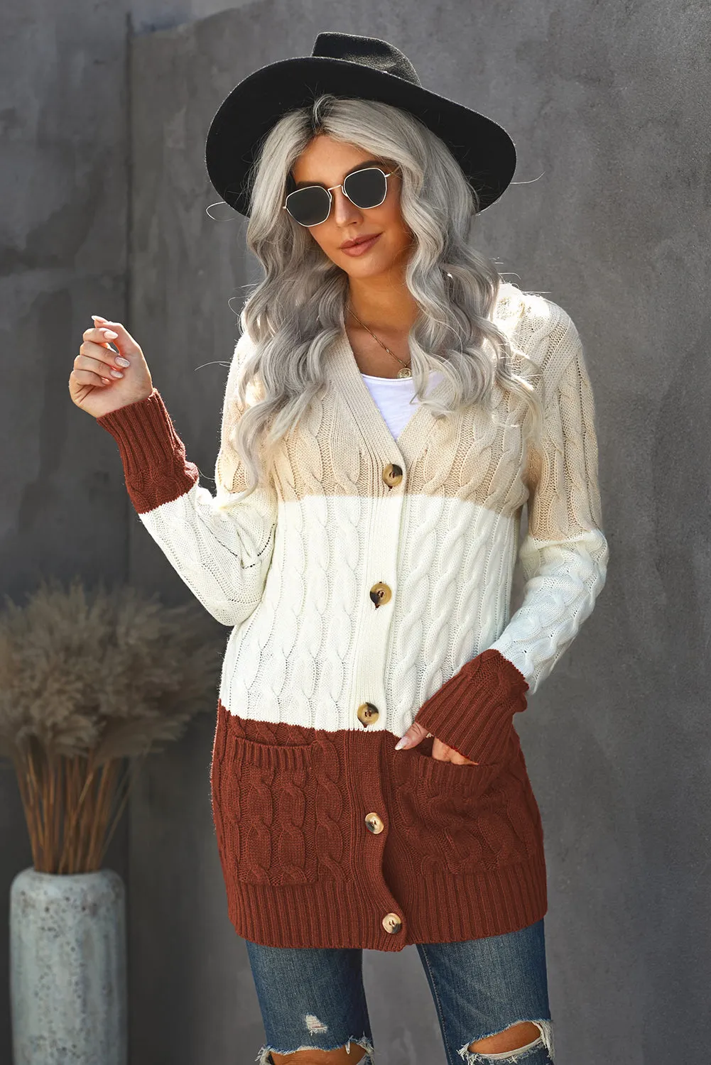 Colorblock Button Pocket Knit Cardigan