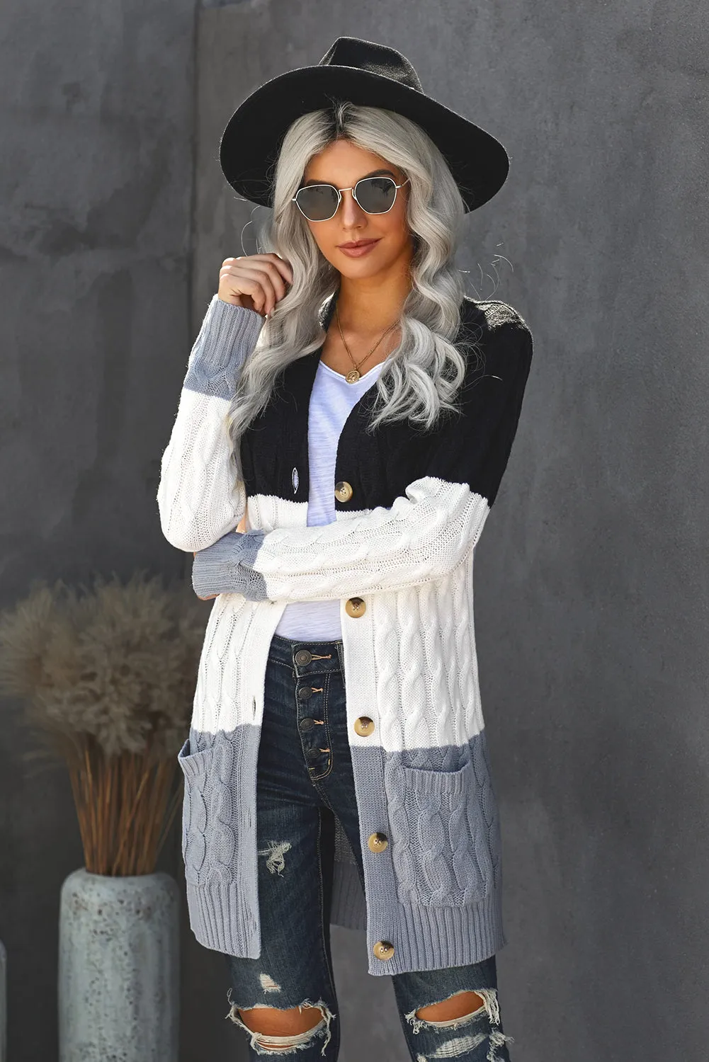 Colorblock Button Pocket Knit Cardigan