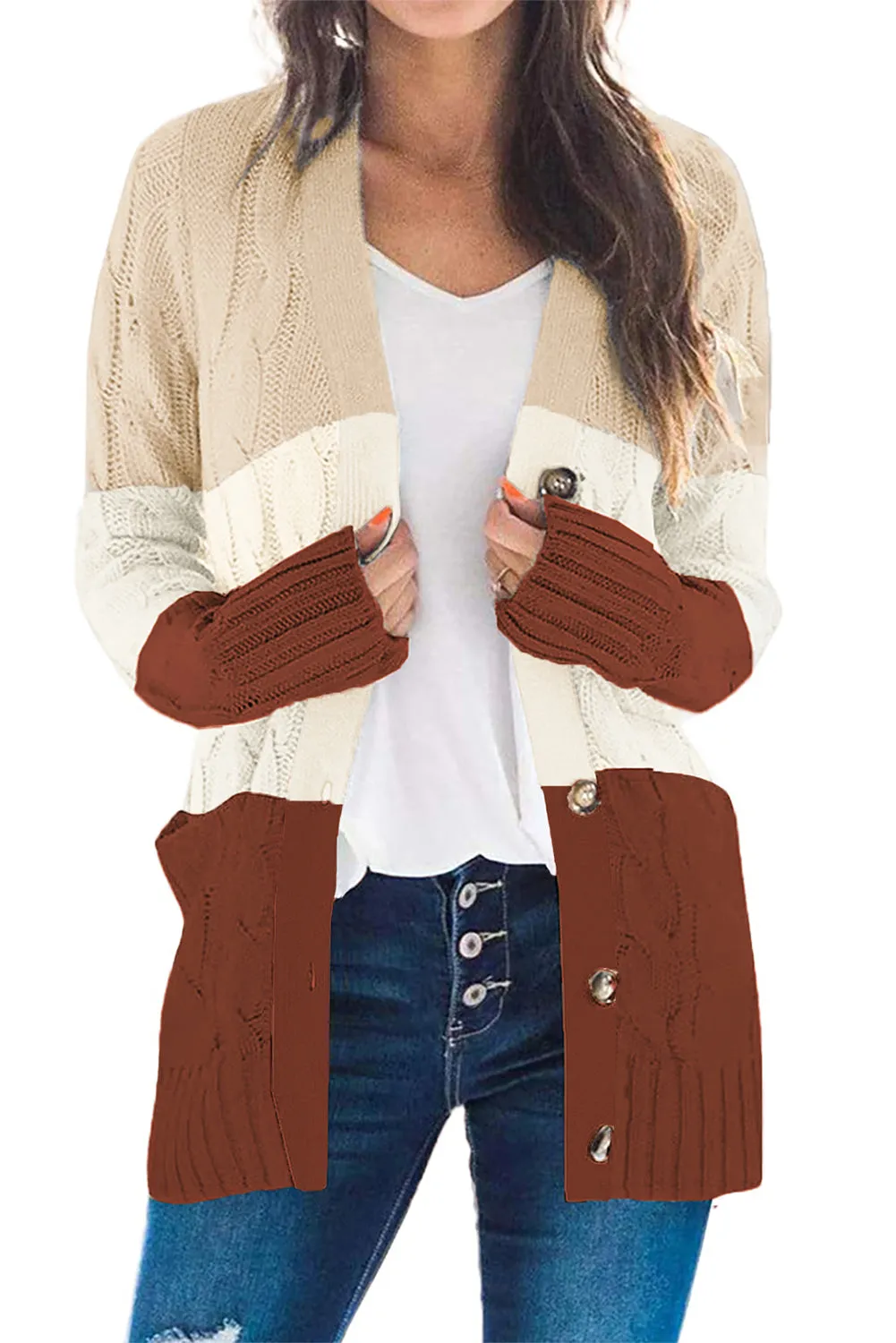 Colorblock Button Pocket Knit Cardigan