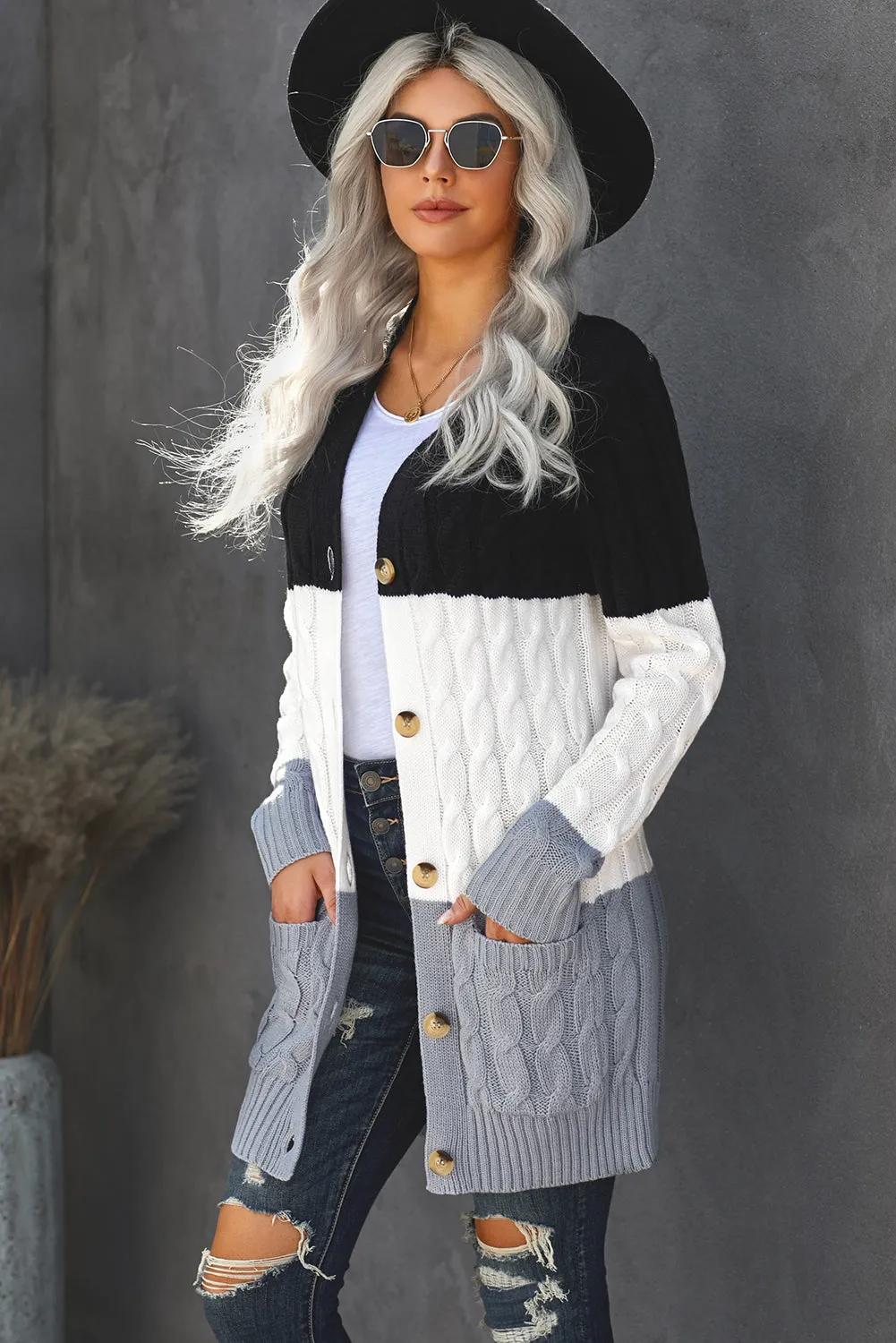 Colorblock Button Pocket Knit Cardigan