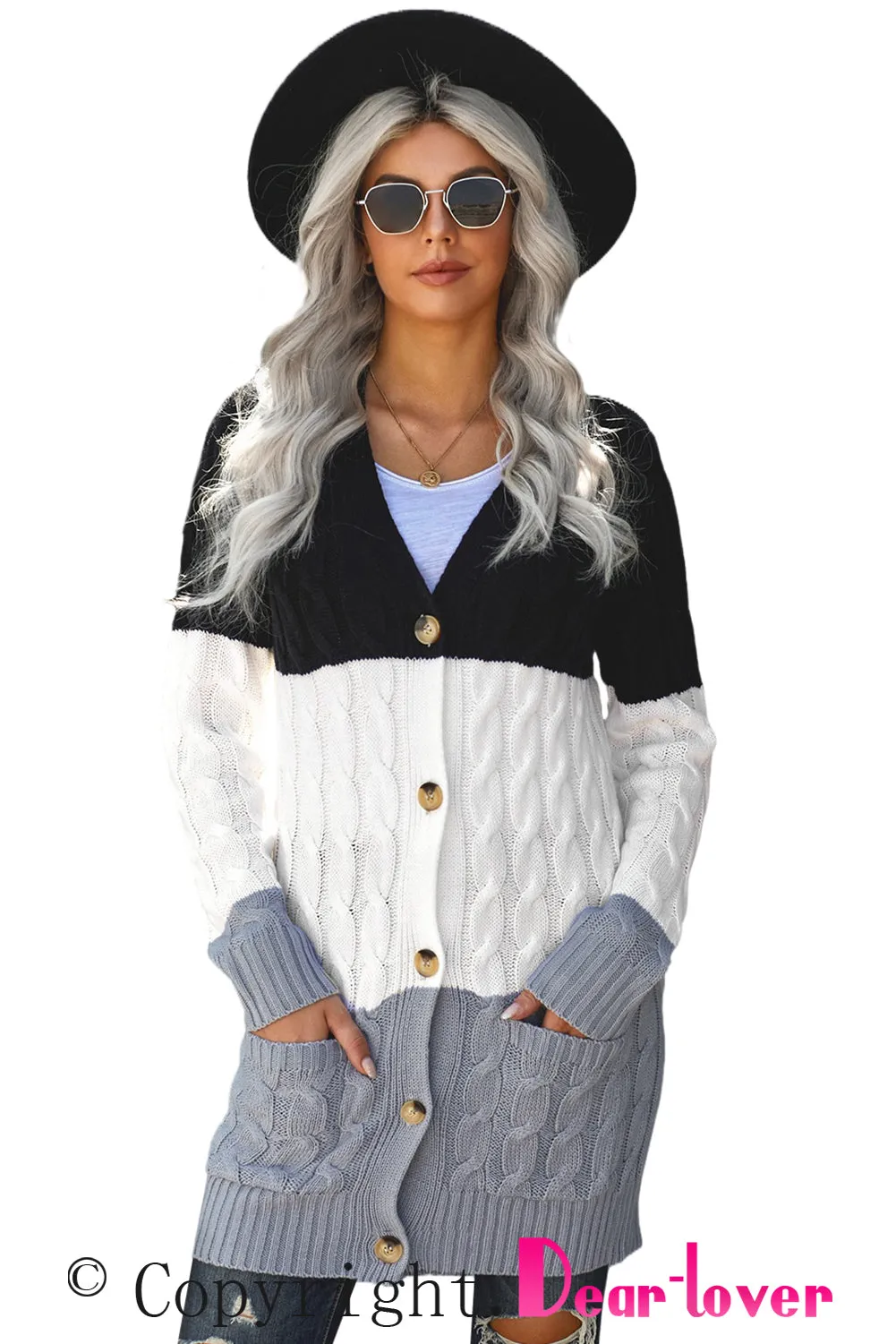 Colorblock Button Pocket Knit Cardigan