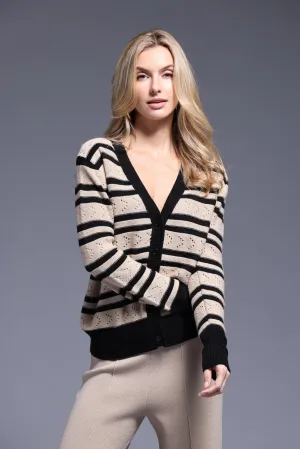 Cotton Cashmere Striped Pointelle Long Sleeve V Neck Cardigan