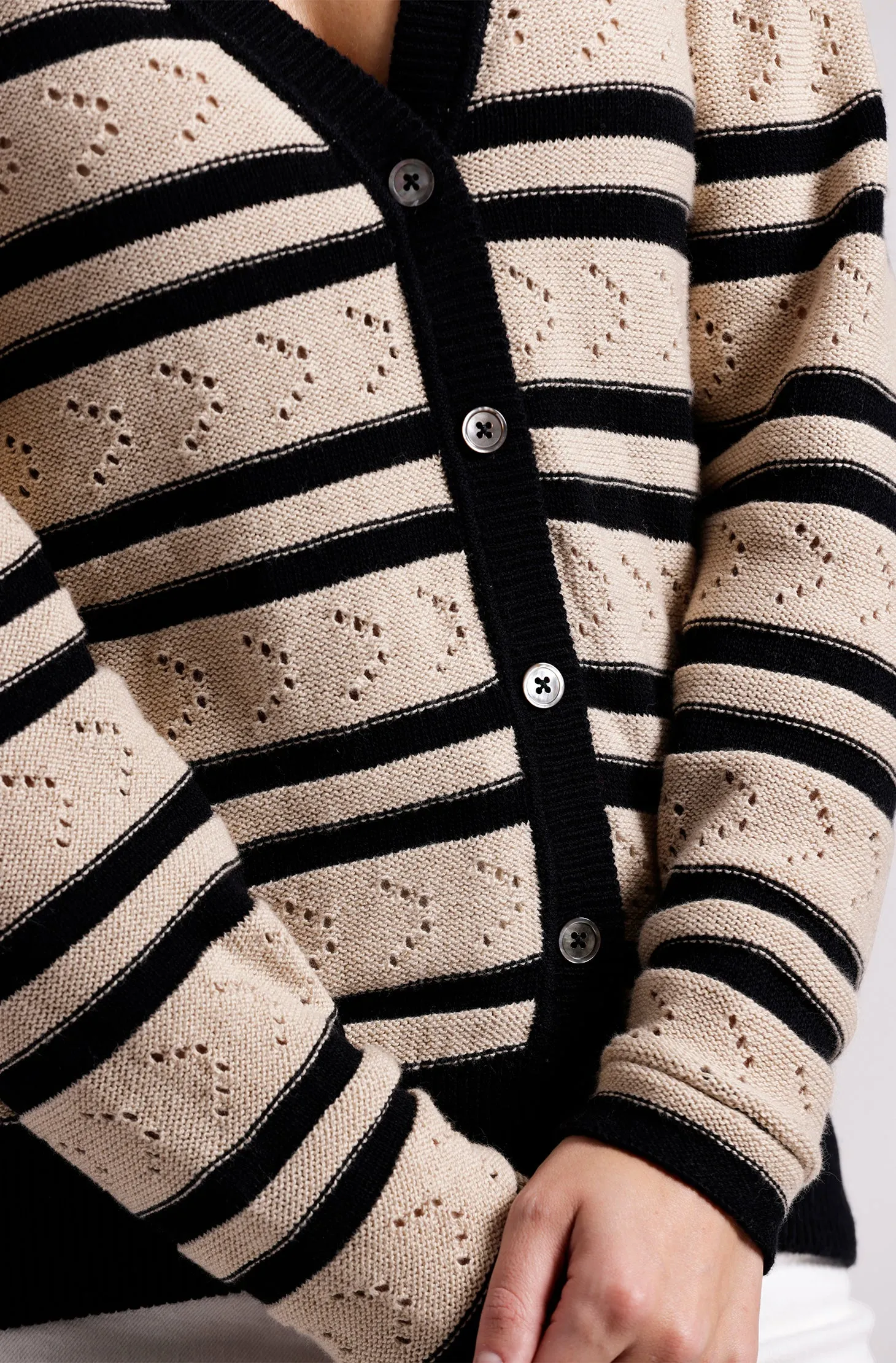 Cotton Cashmere Striped Pointelle Long Sleeve V Neck Cardigan