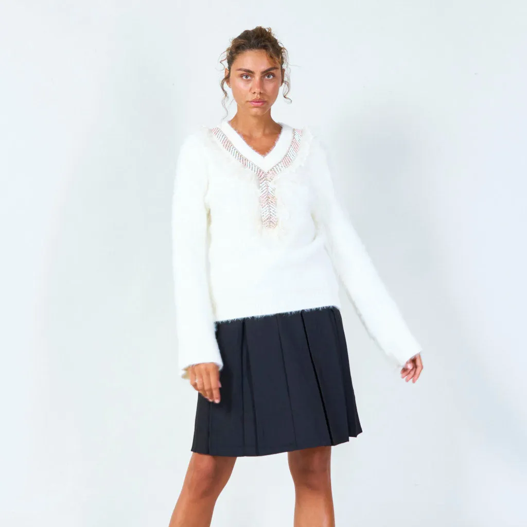 Embellished ruffle V-neck fuzzy sweater wholesale