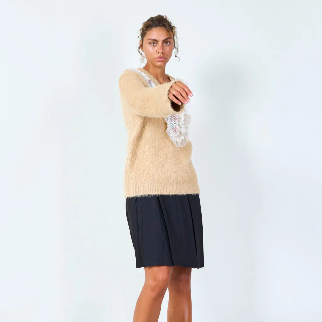 Embellished ruffle V-neck fuzzy sweater wholesale