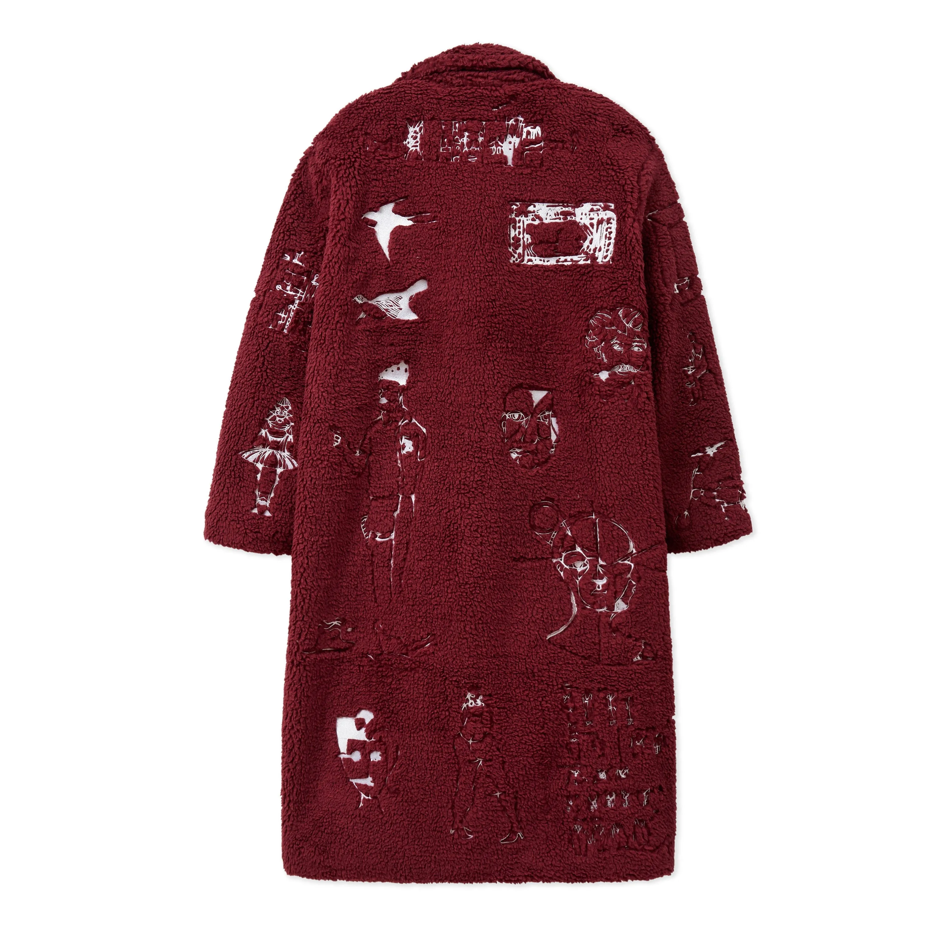 Embroidered Sherpa Fleece Overcoat [Burgundy]