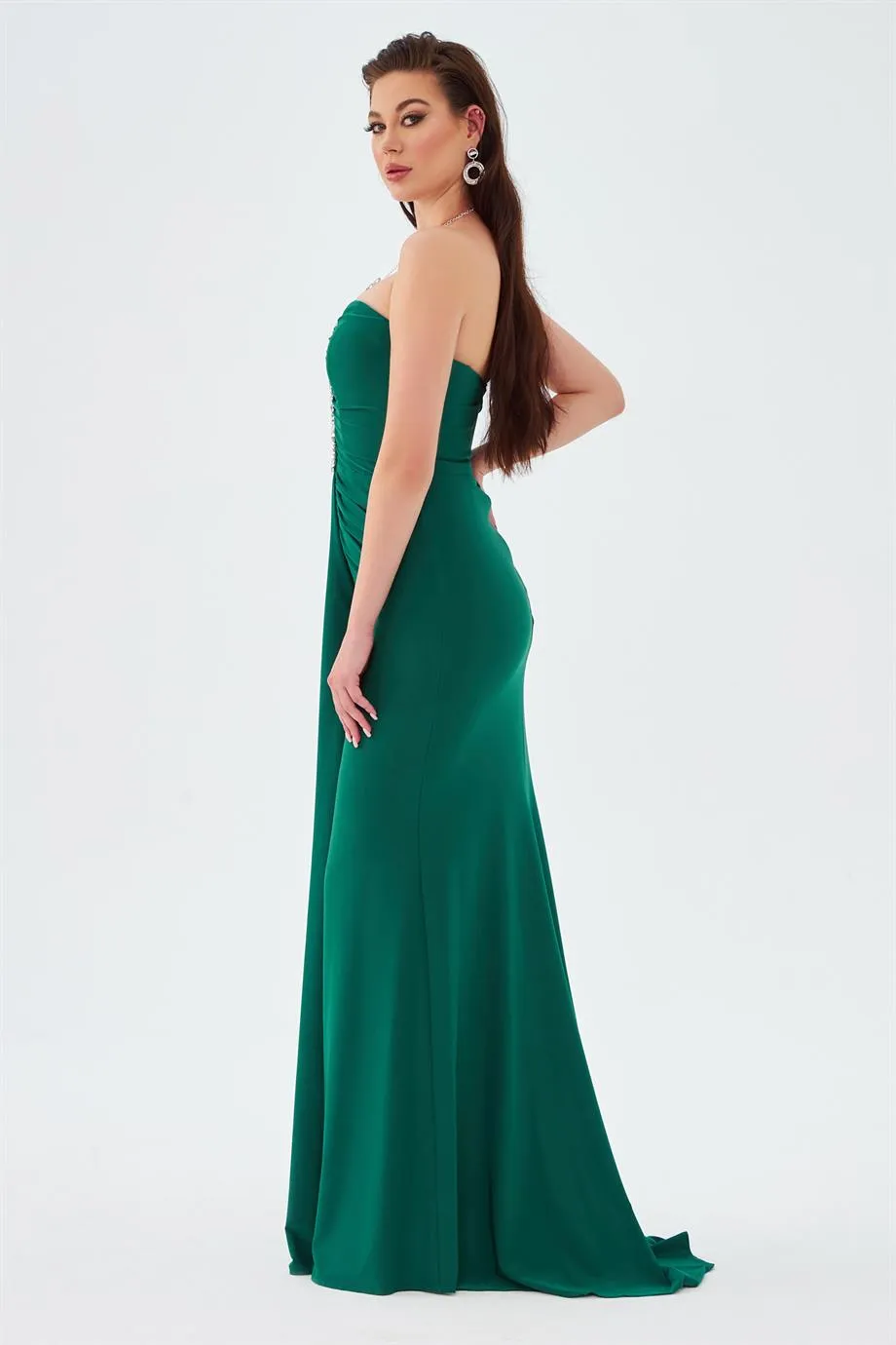 Emerald Sandy Neck Stone Long Evening Dress