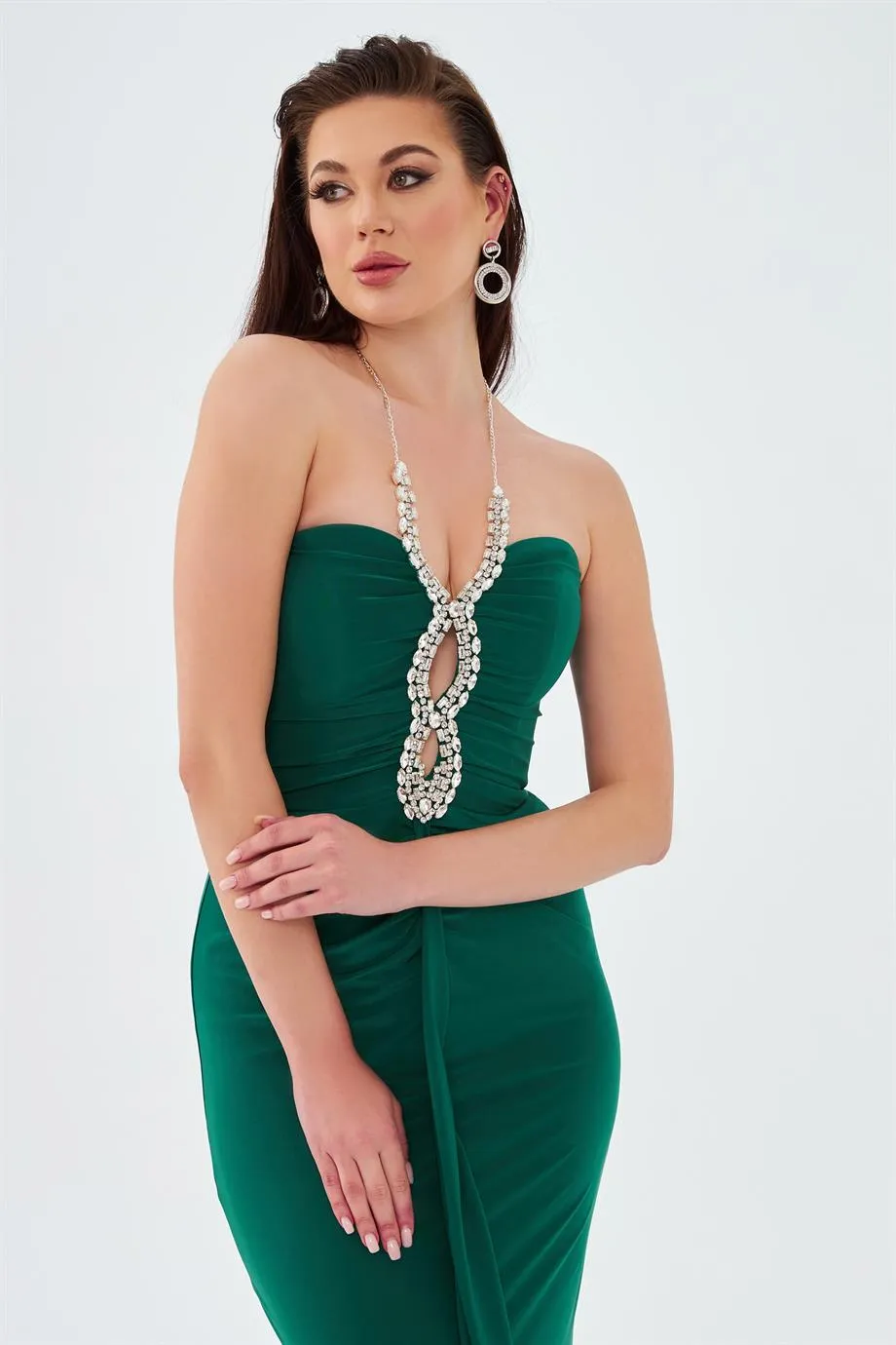 Emerald Sandy Neck Stone Long Evening Dress