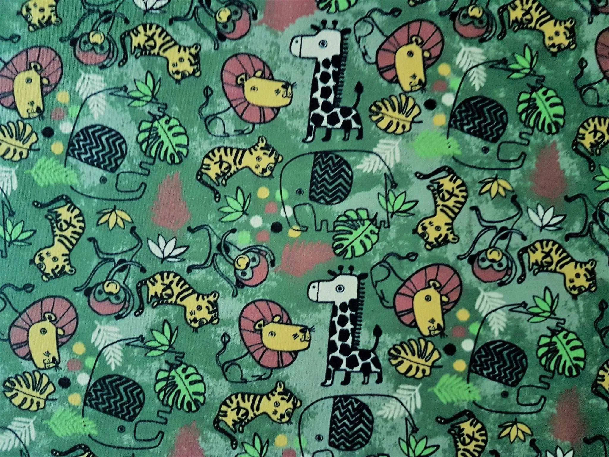 French Terry Safari Animals on Dark Green