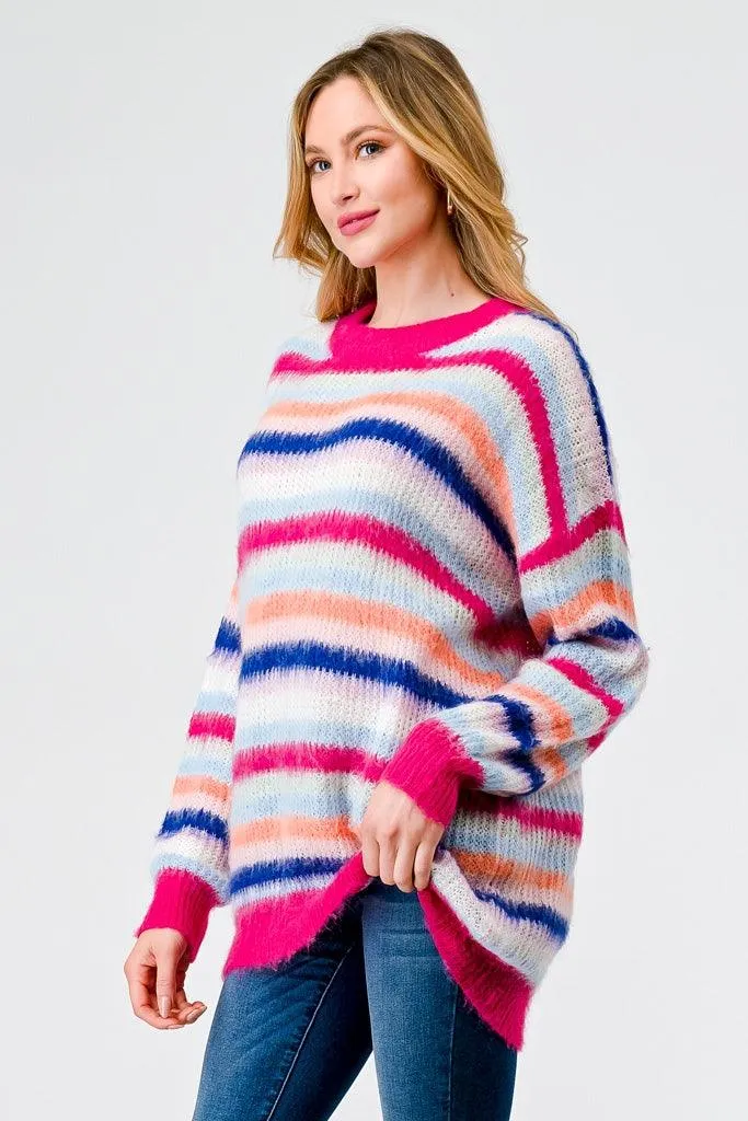 Fuchsia Mix Stripe Knit Long Sleeve Sweater /3-2-2