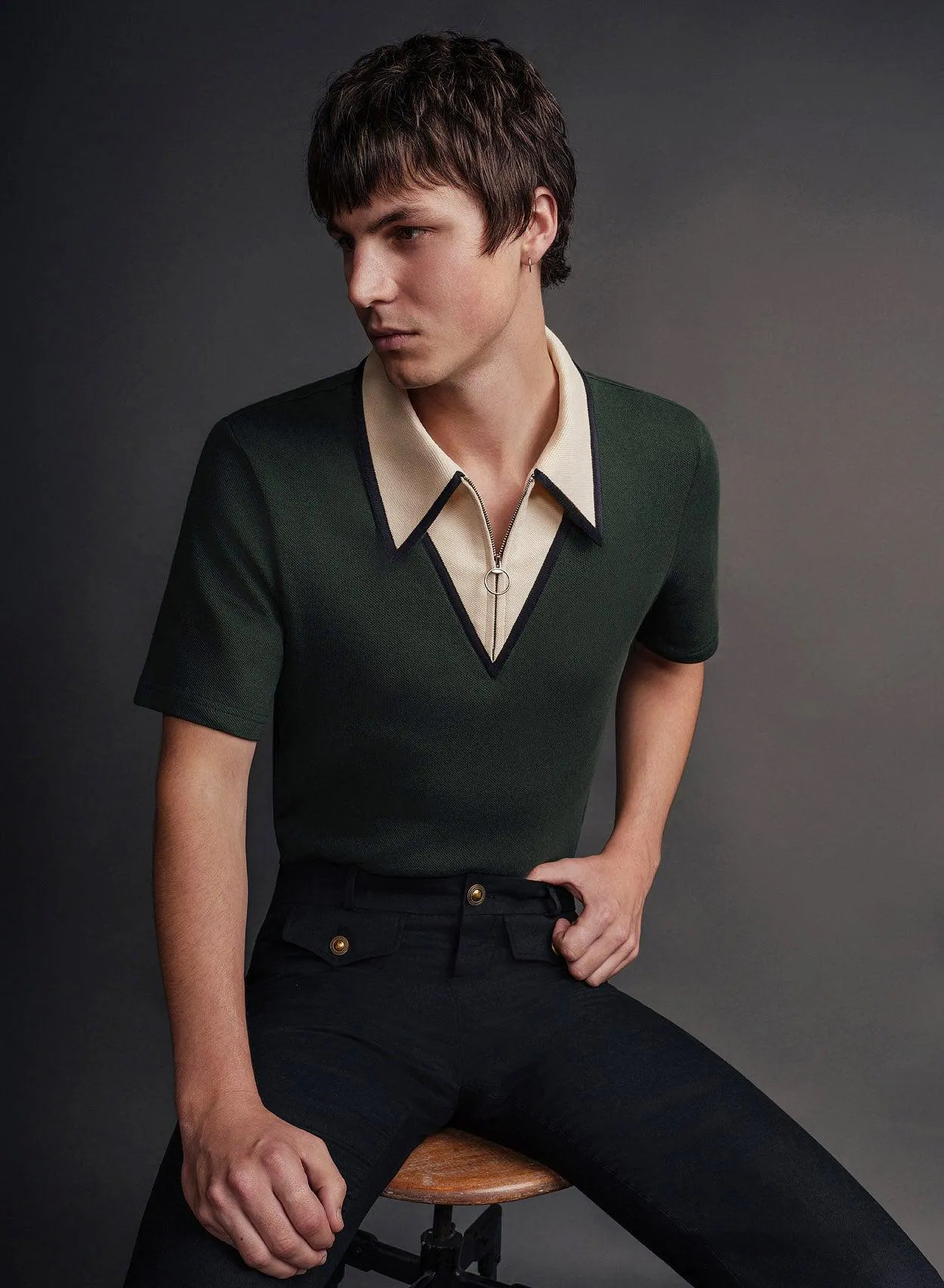 Green Carnaby Circle Zip Cotton Polo Shirt