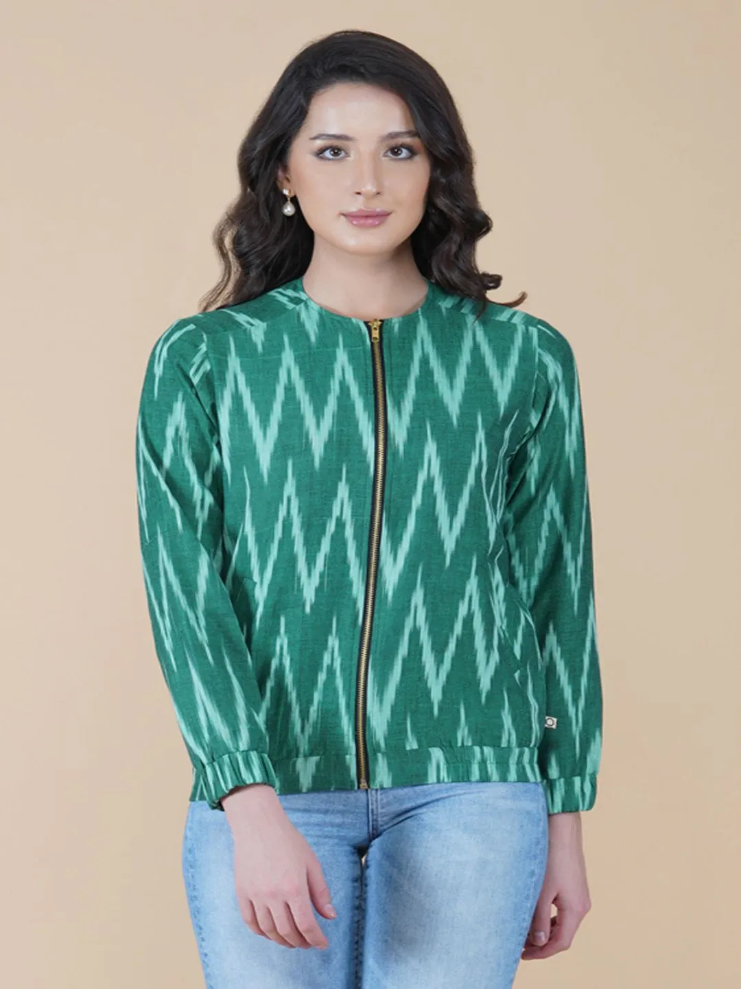 Green Cotton Double Layered Zipper Jacket