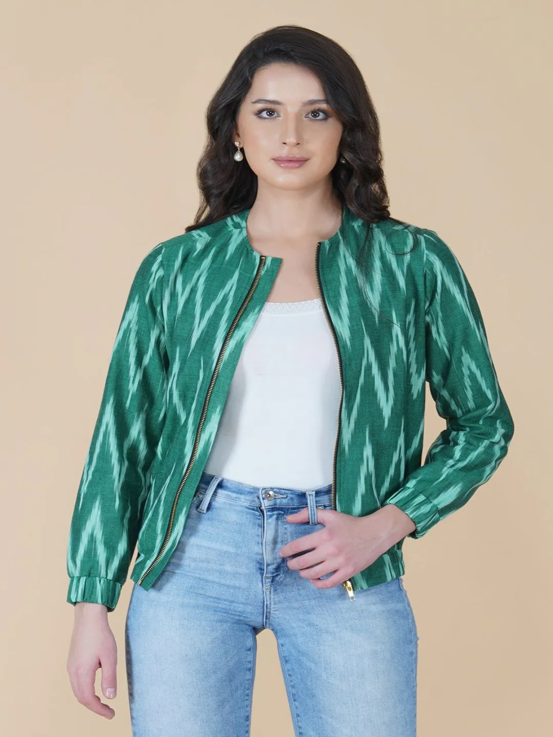 Green Cotton Double Layered Zipper Jacket