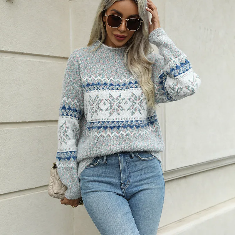 High Neck Snowflake Kintted Sweater Pullover