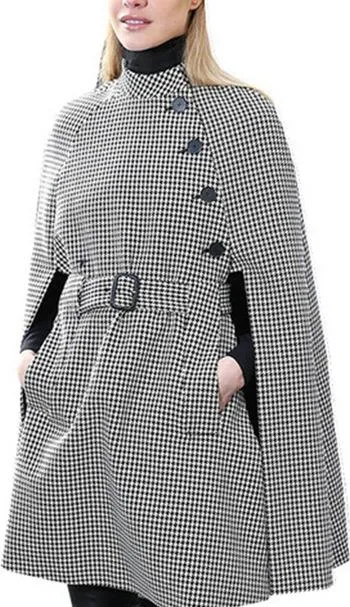 Houndstooth Wool-Blend Cape-Coat