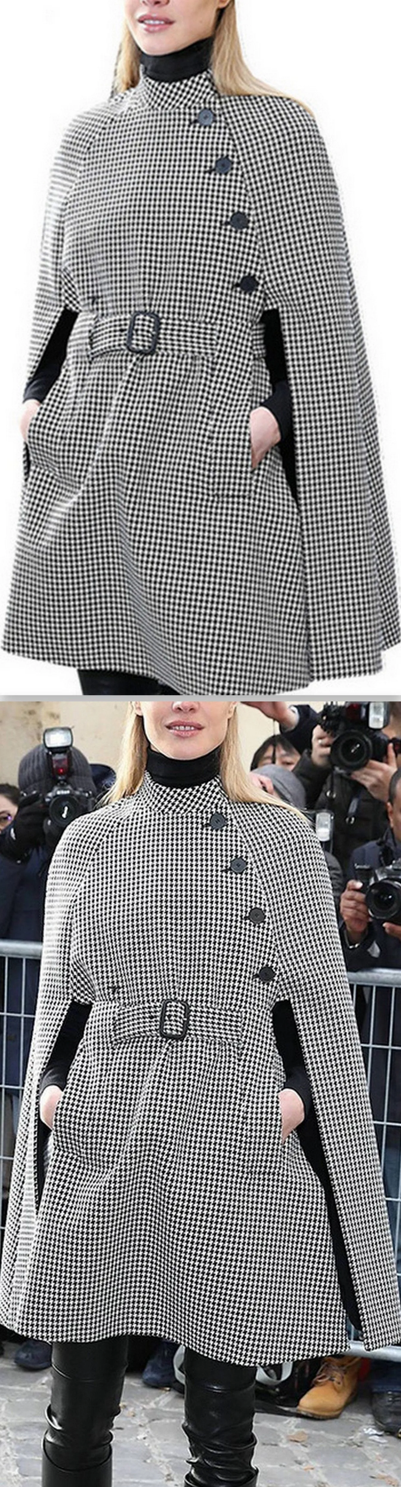 Houndstooth Wool-Blend Cape-Coat