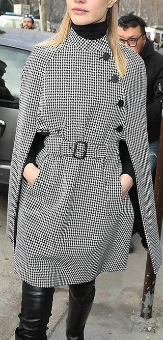 Houndstooth Wool-Blend Cape-Coat