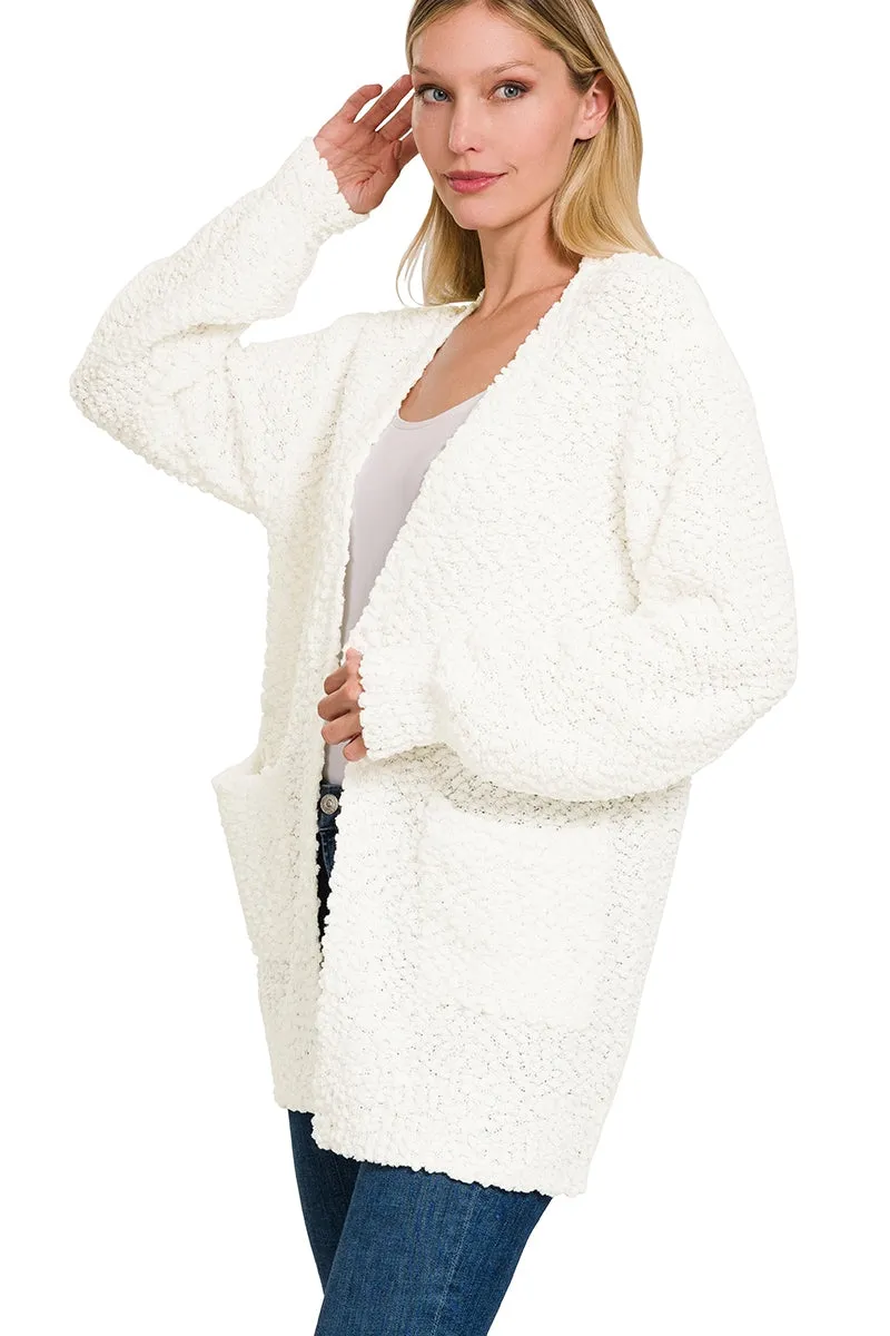 Ivory Popcorn Cardigan with Pockets