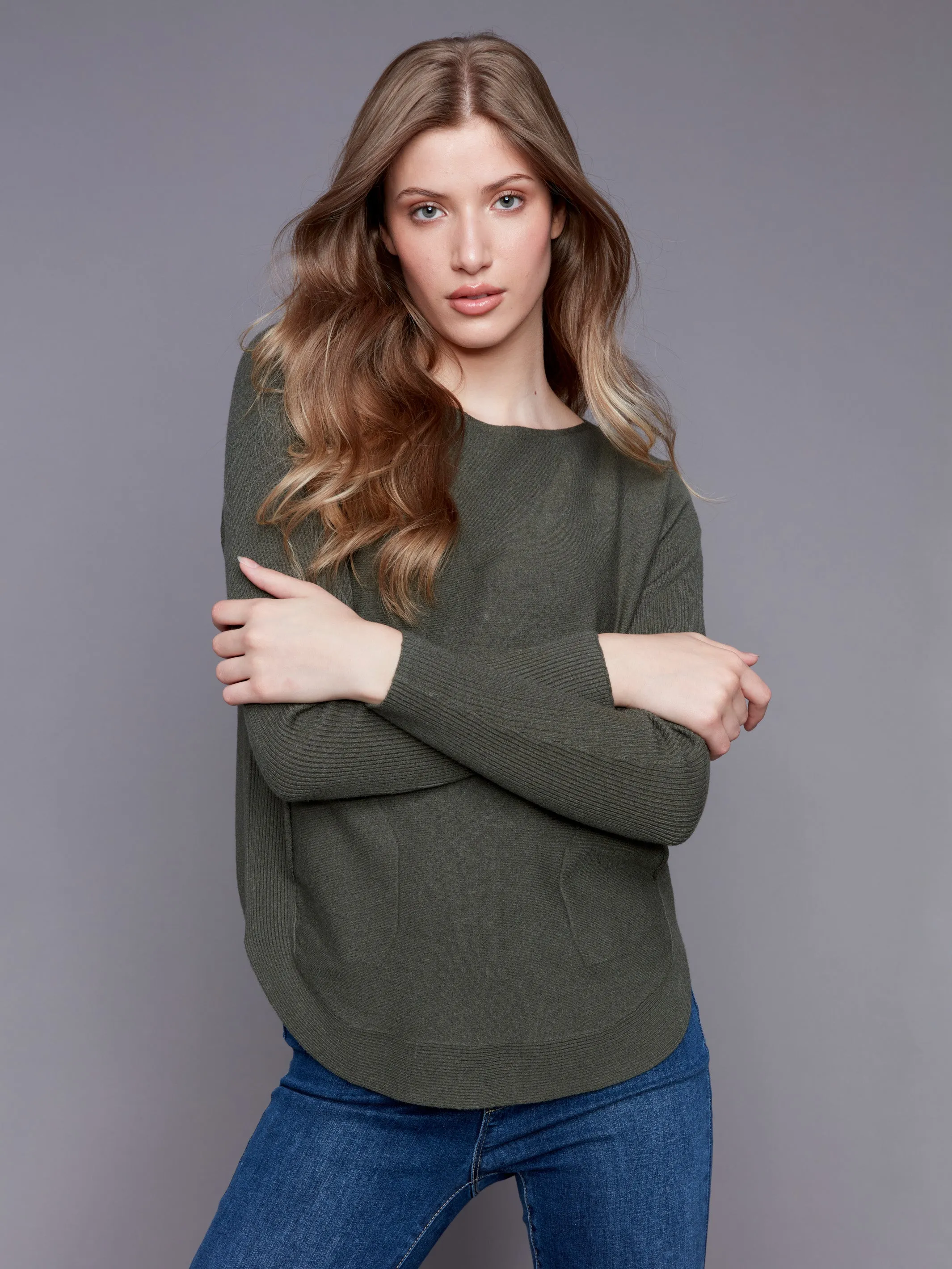 Knit Sweater with Back Detail Lace-Up - Spruce