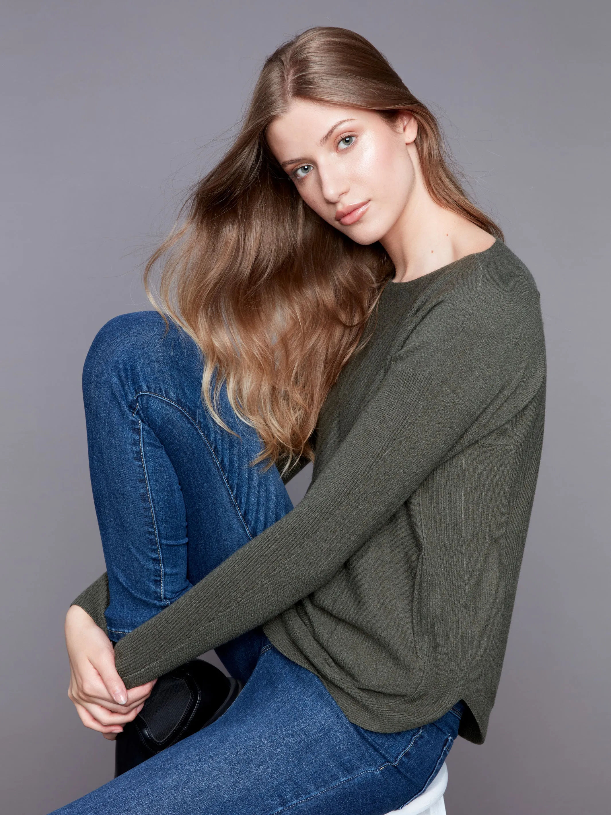 Knit Sweater with Back Detail Lace-Up - Spruce