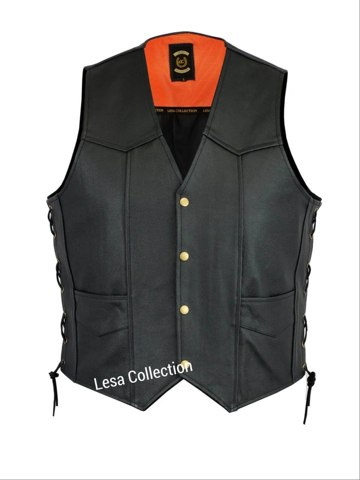 Leather Motorcycle Biker Style Waistcoat Vest Black Side Laced up