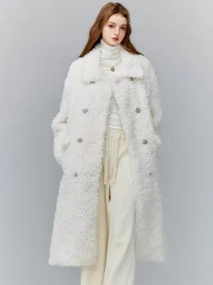 Luxurious White Teddy Bear Coat: Double-Breasted Faux Fur Longline Outerwear