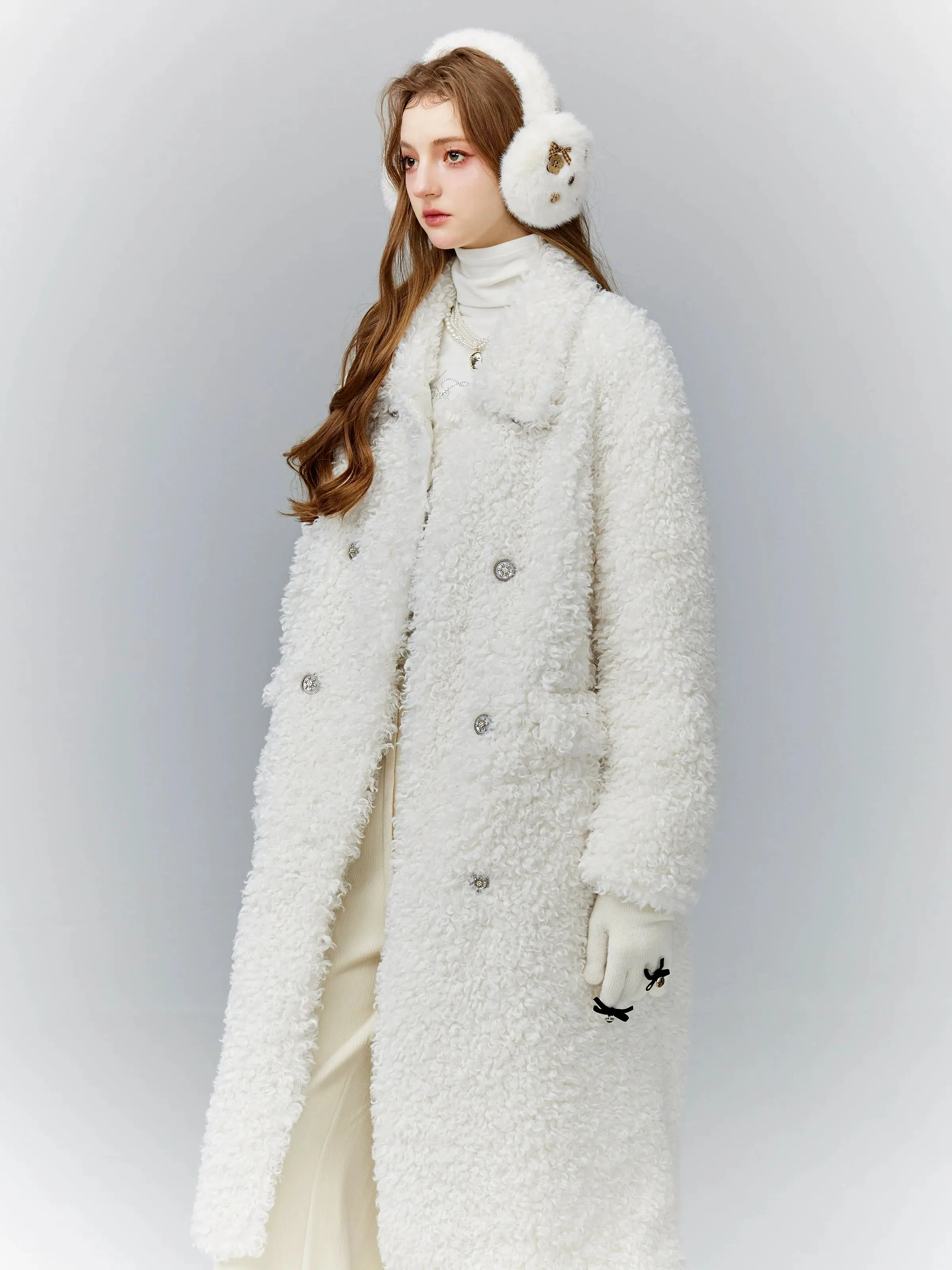 Luxurious White Teddy Bear Coat: Double-Breasted Faux Fur Longline Outerwear