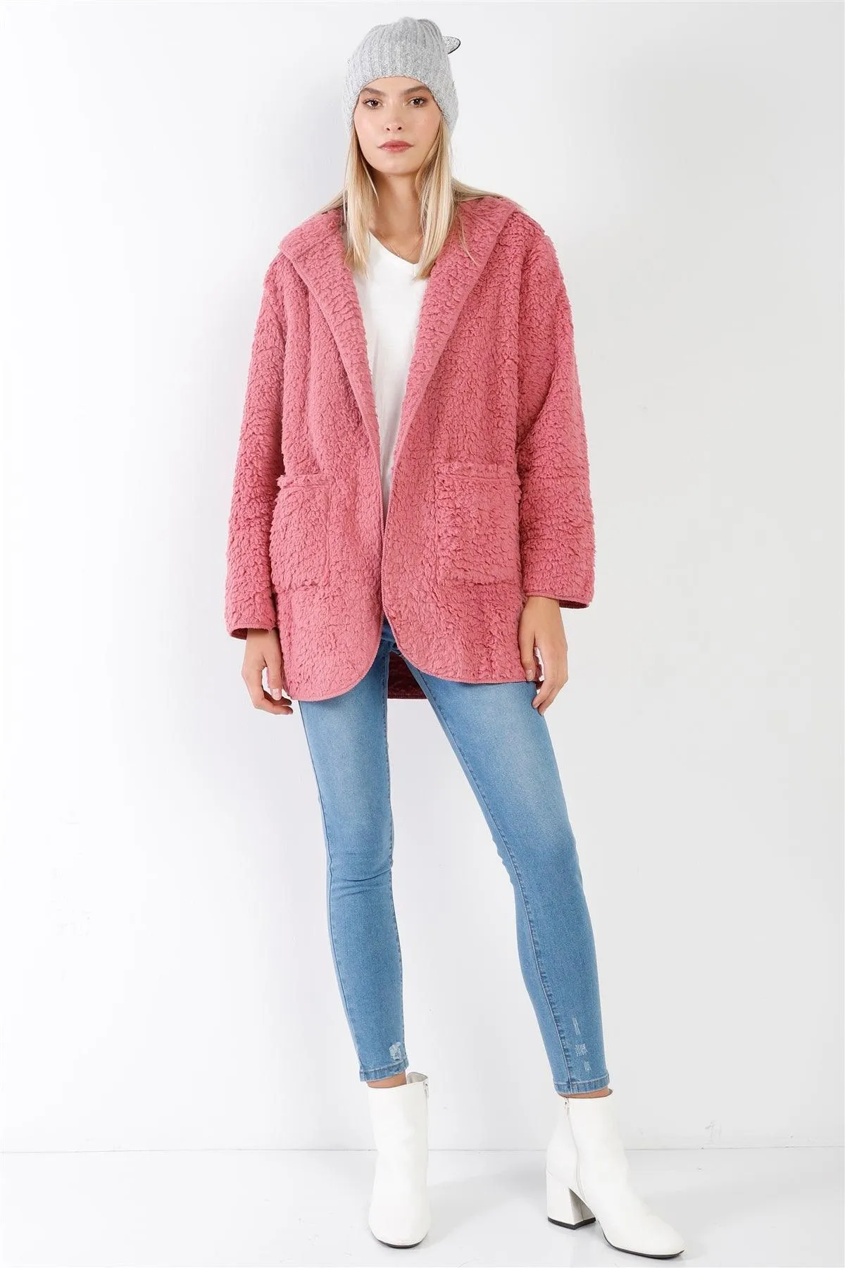 Mauve Oversized Fluffy Hooded Teddy Coat /2-1-2-1