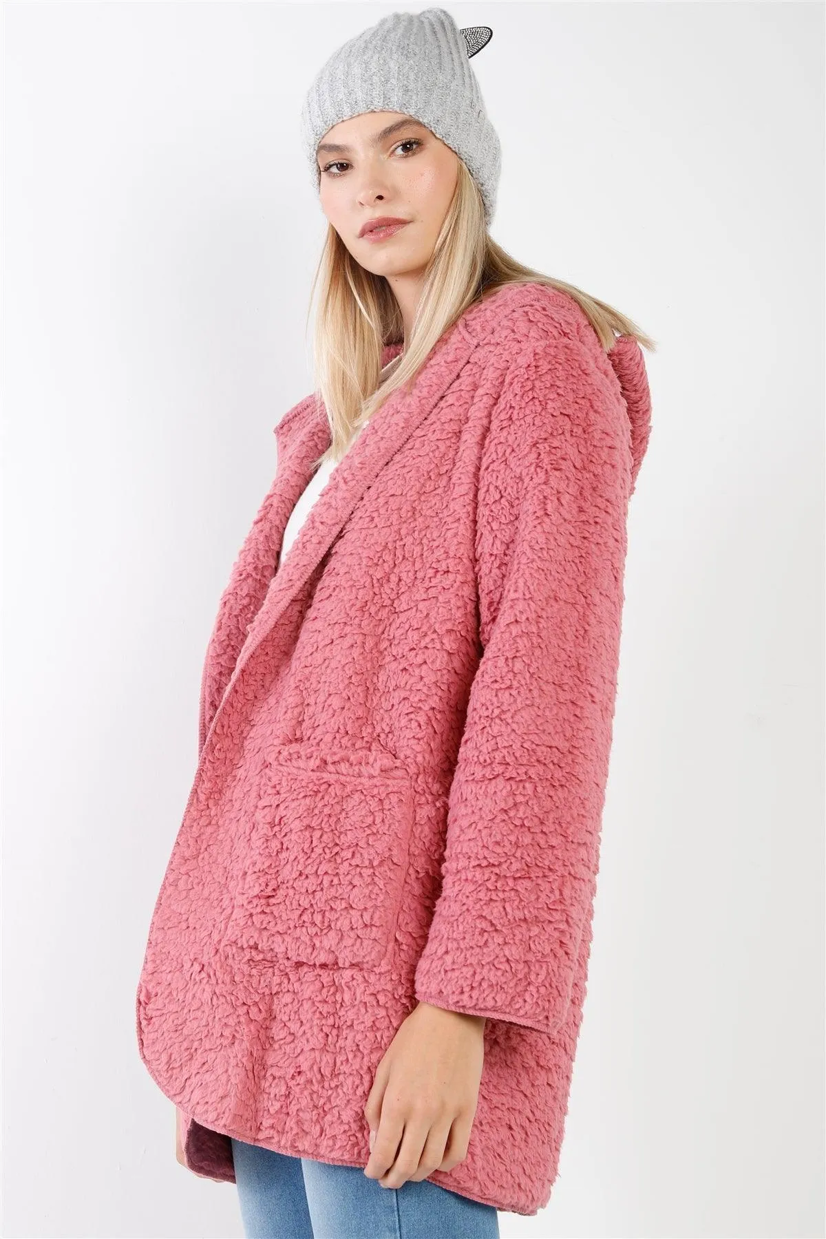 Mauve Oversized Fluffy Hooded Teddy Coat /2-1-2-1