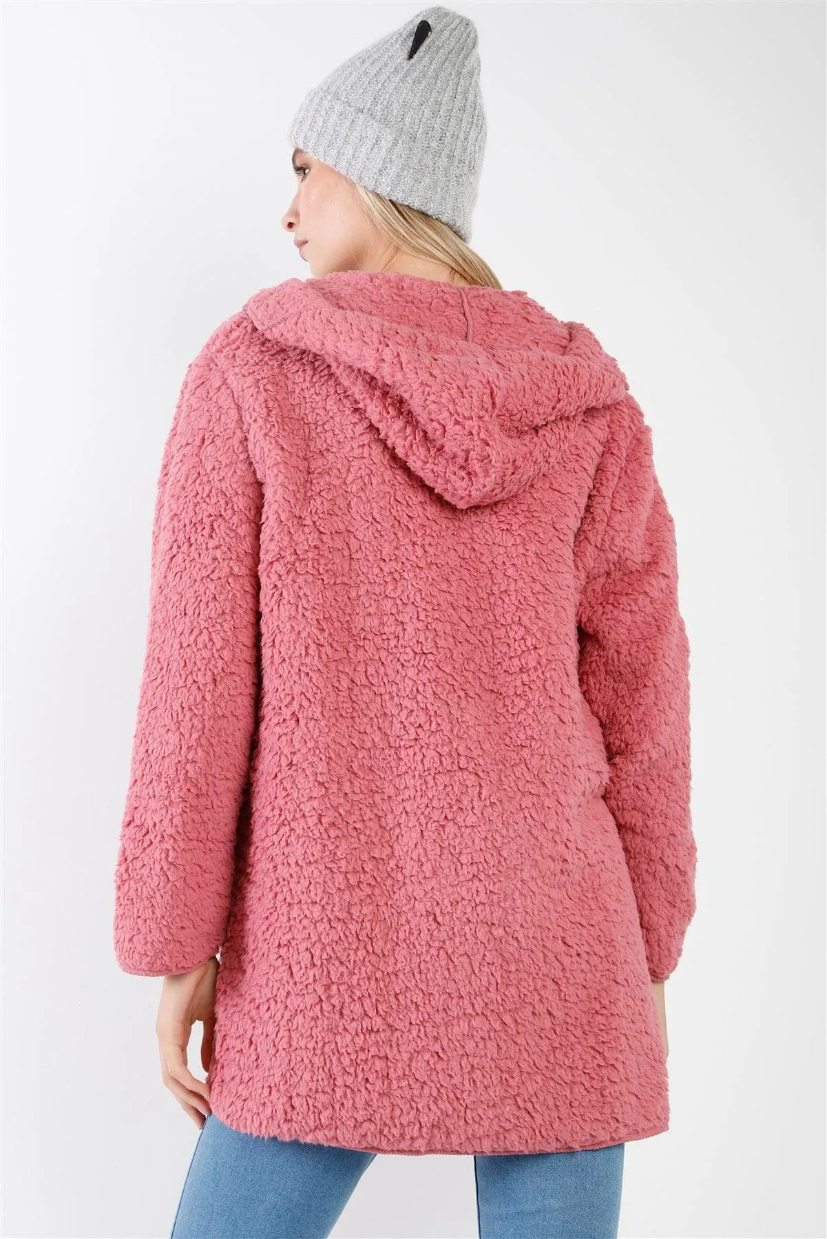 Mauve Oversized Fluffy Hooded Teddy Coat /2-1-2-1