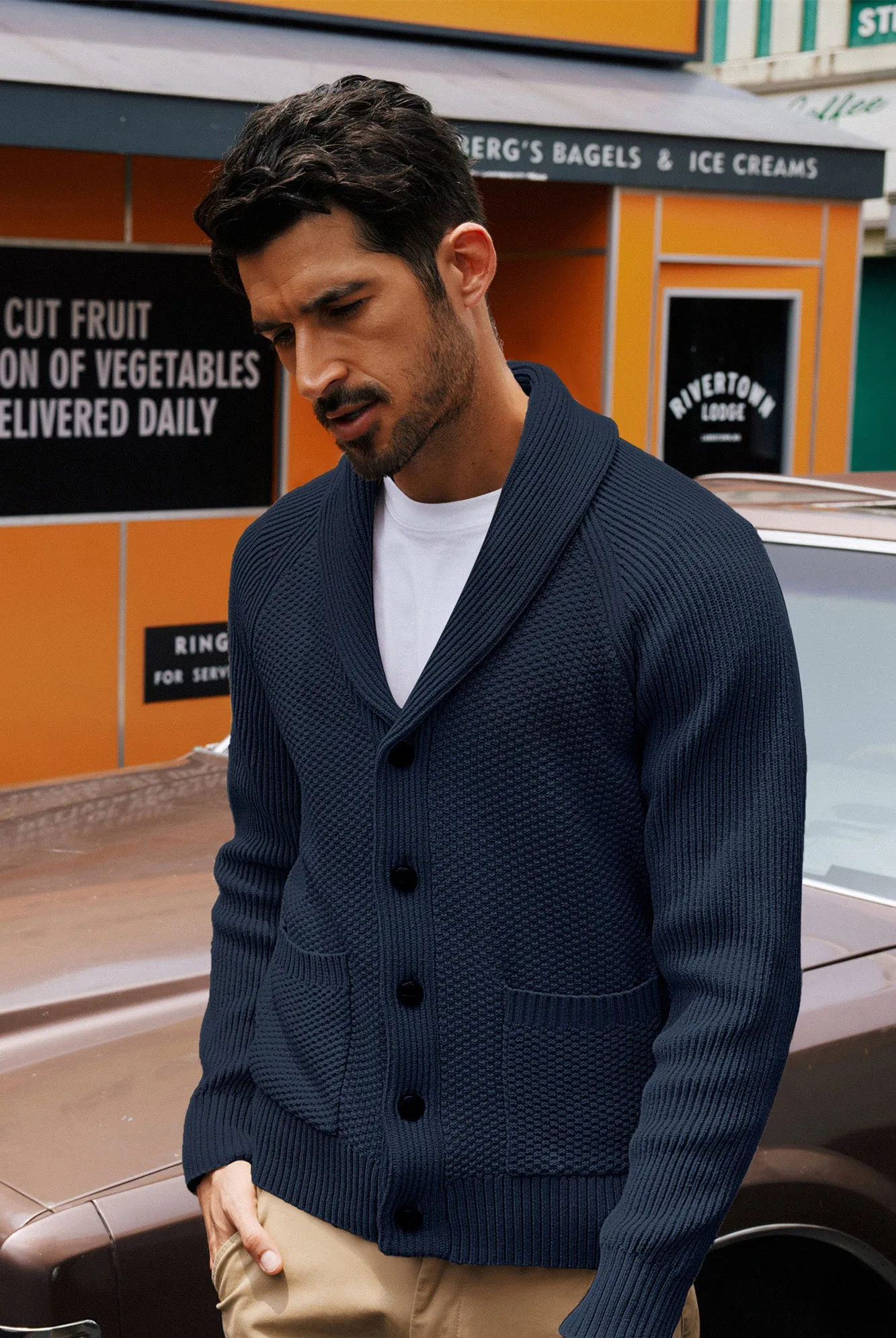 Men Stylish Shawl Lapel Cardigan Long Raglan Sleeve Button-up Sweater