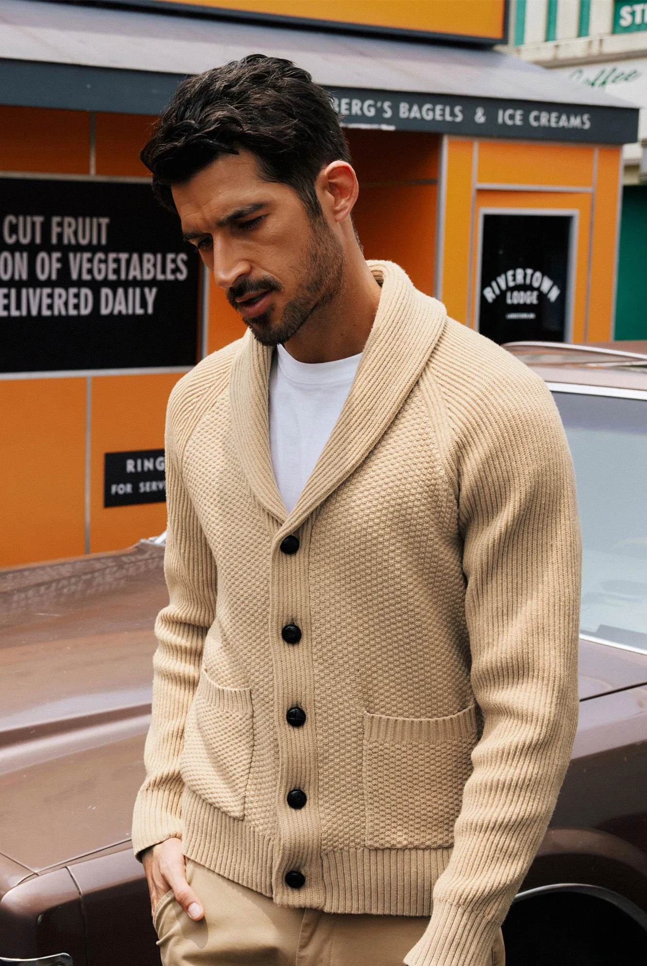 Men Stylish Shawl Lapel Cardigan Long Raglan Sleeve Button-up Sweater