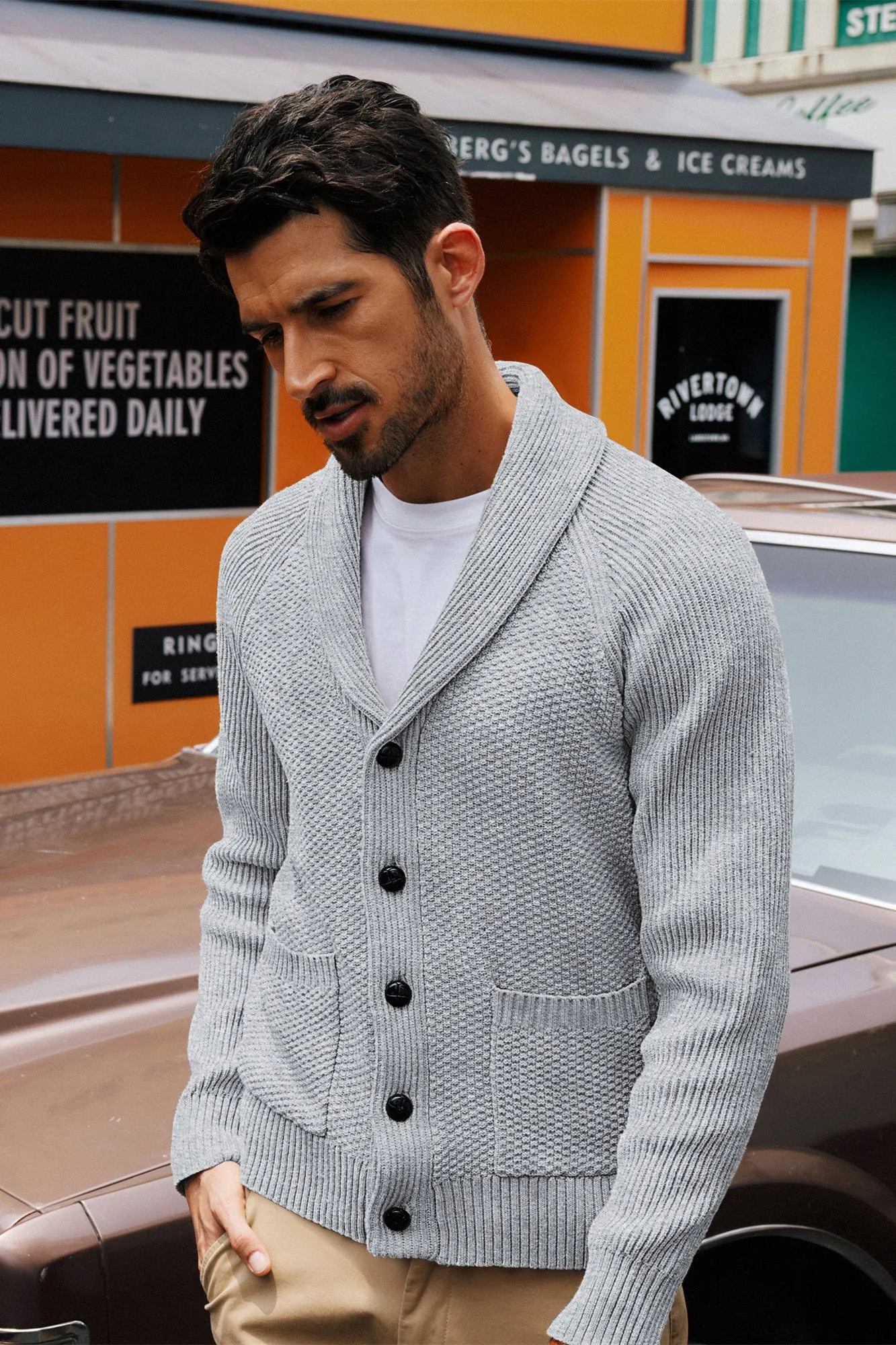 Men Stylish Shawl Lapel Cardigan Long Raglan Sleeve Button-up Sweater