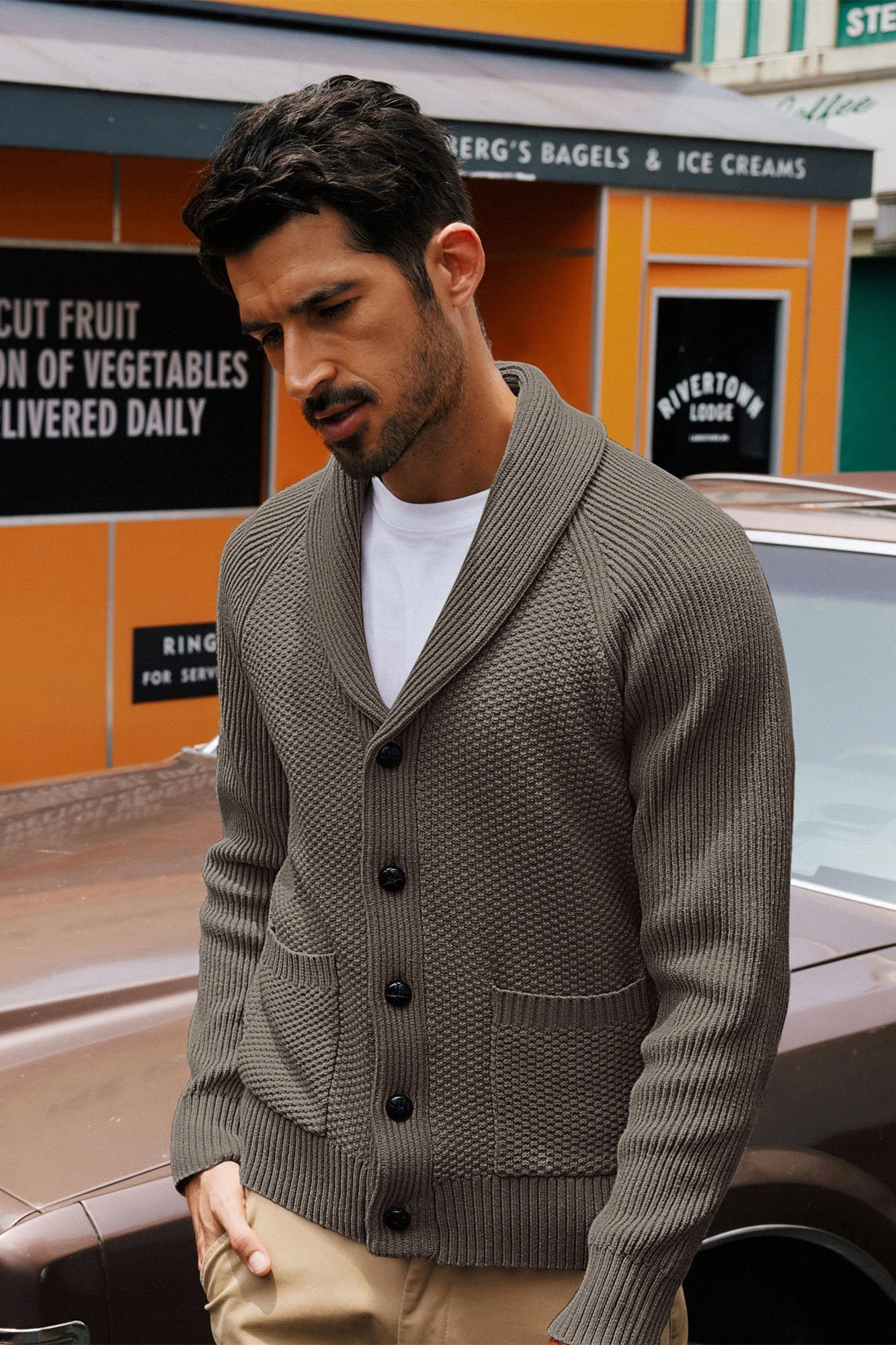 Men Stylish Shawl Lapel Cardigan Long Raglan Sleeve Button-up Sweater