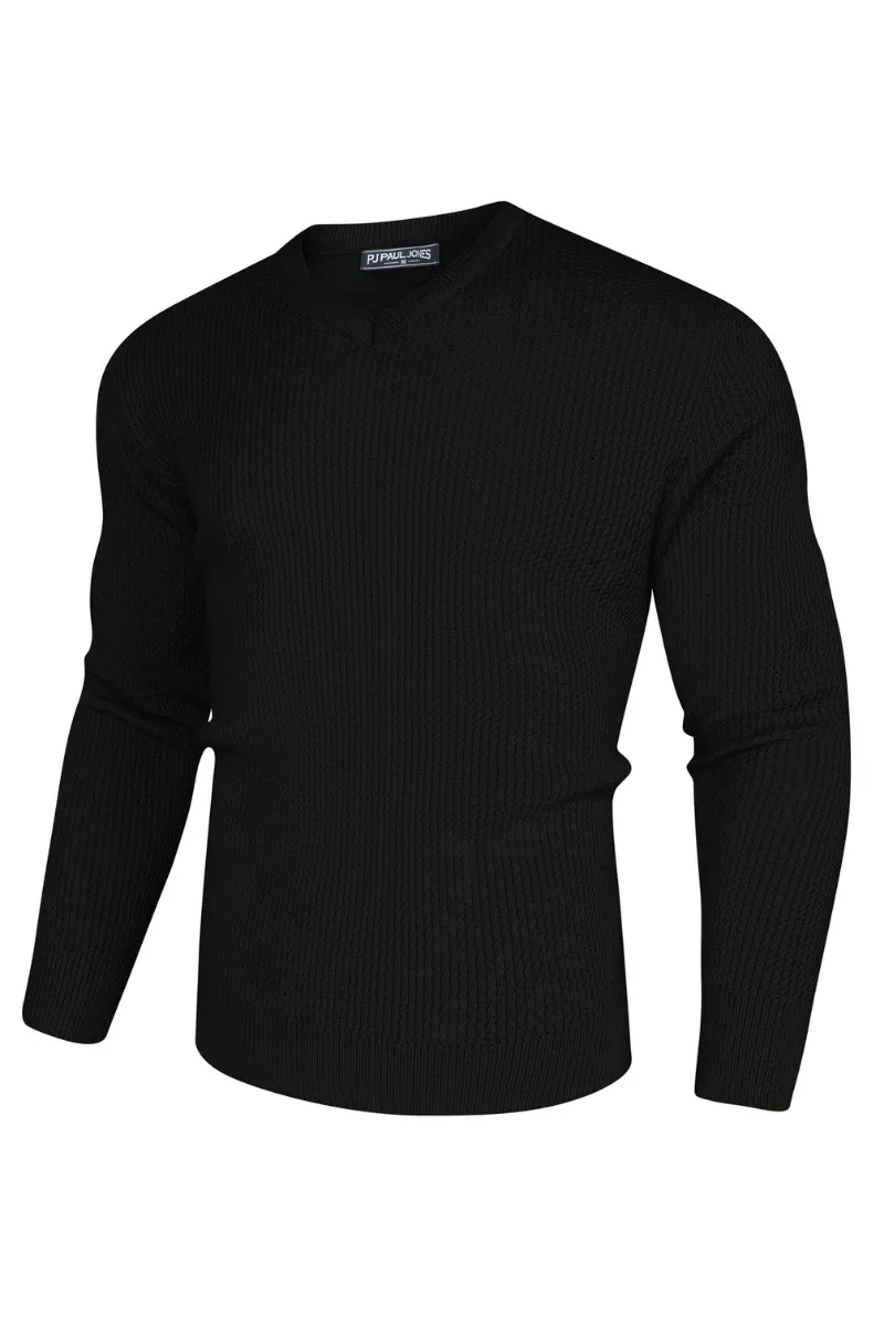 Men Textured Sweater Long Sleeve V-Neck Ribbed Cuff Pullover Knitted Tops