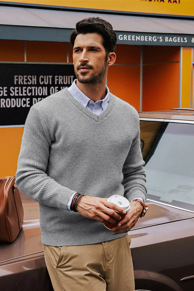 Men Textured Sweater Long Sleeve V-Neck Ribbed Cuff Pullover Knitted Tops