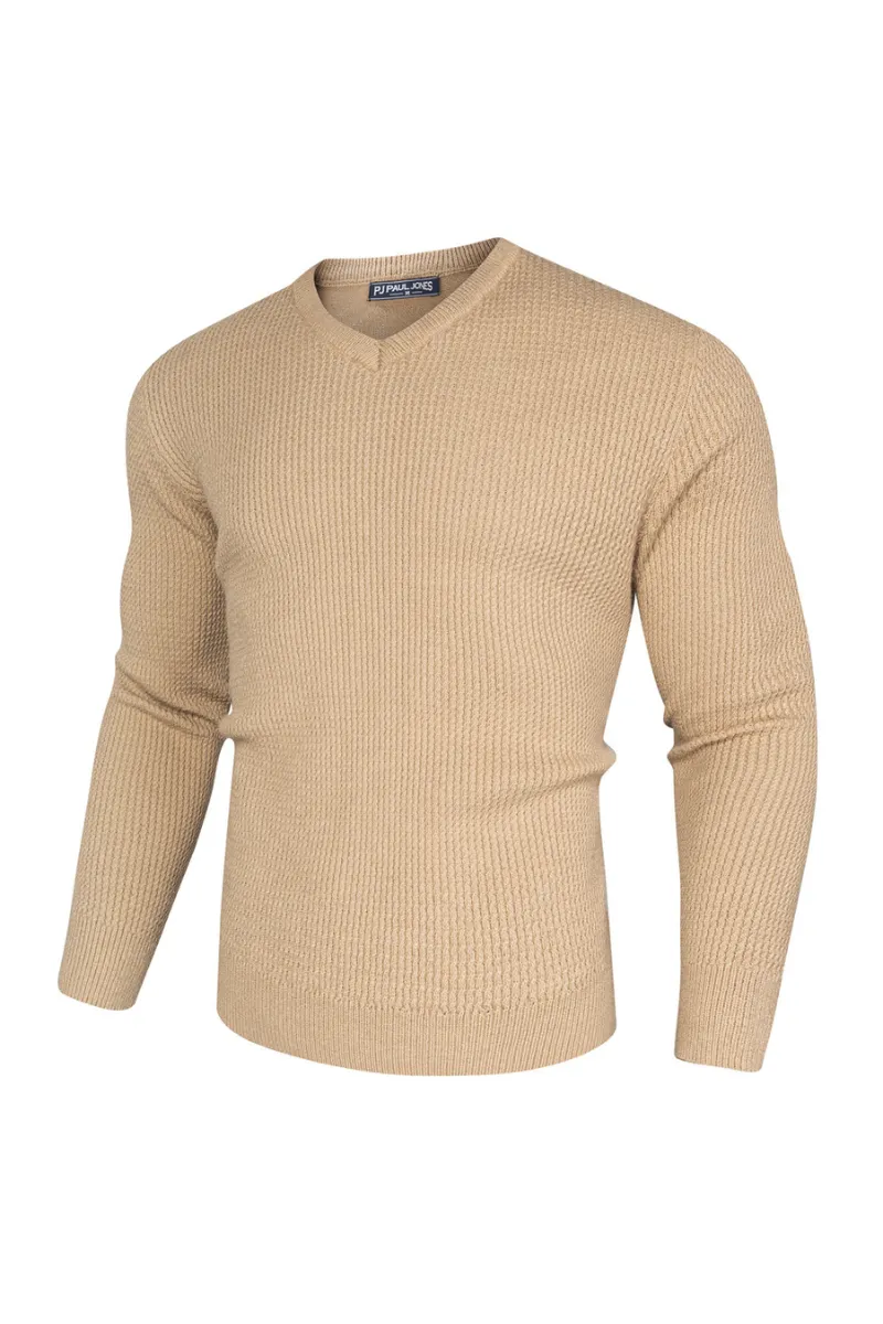 Men Textured Sweater Long Sleeve V-Neck Ribbed Cuff Pullover Knitted Tops