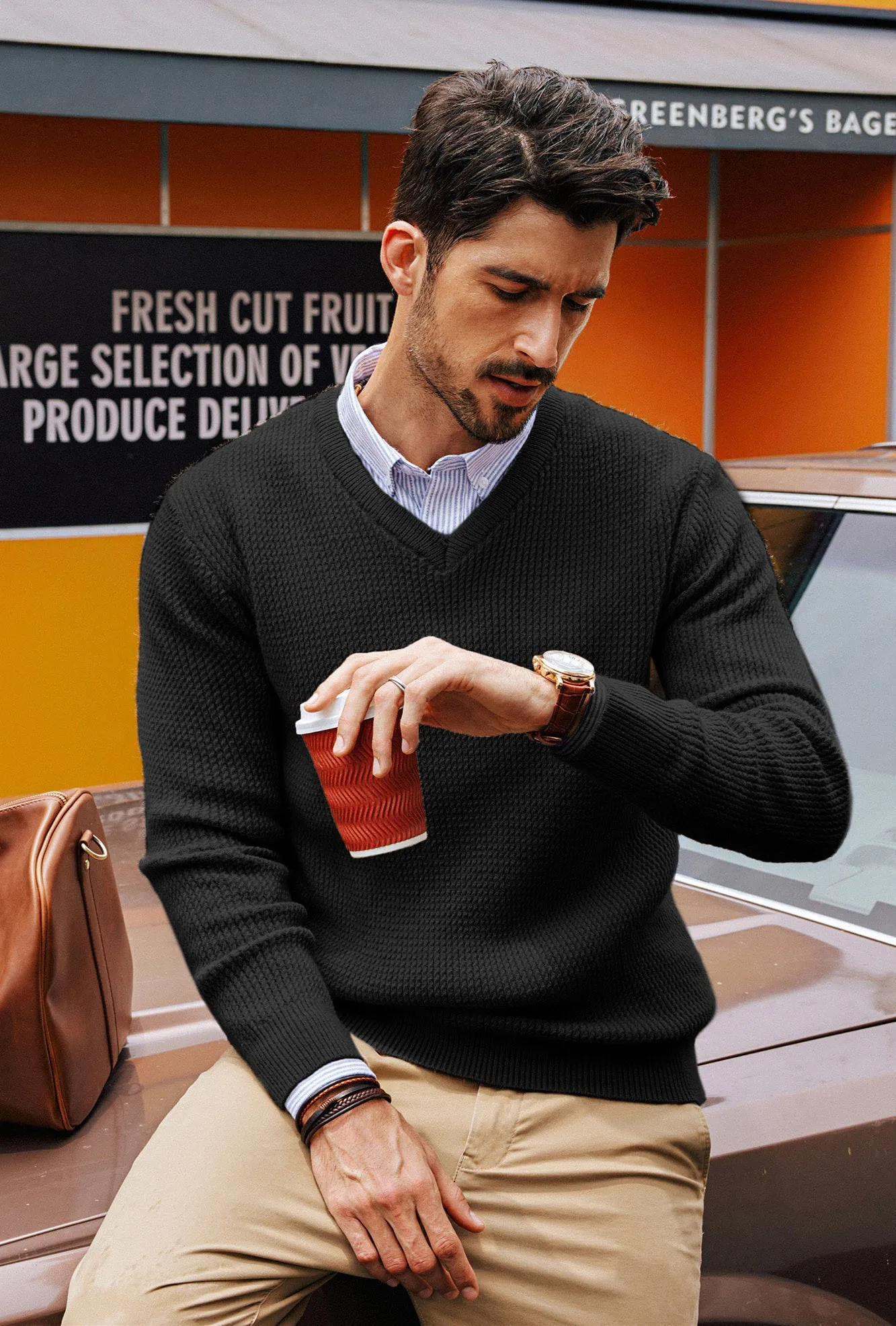 Men Textured Sweater Long Sleeve V-Neck Ribbed Cuff Pullover Knitted Tops