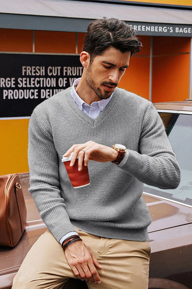 Men Textured Sweater Long Sleeve V-Neck Ribbed Cuff Pullover Knitted Tops