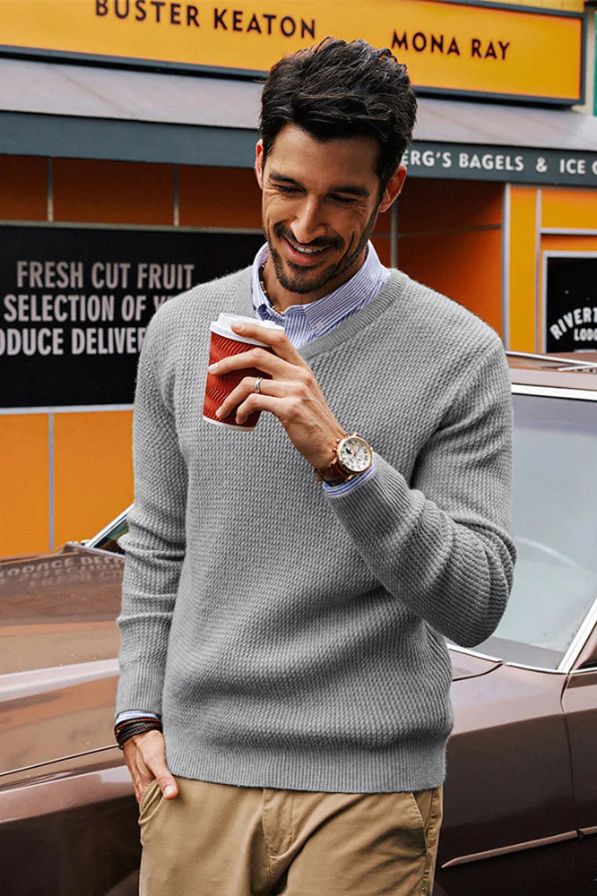 Men Textured Sweater Long Sleeve V-Neck Ribbed Cuff Pullover Knitted Tops